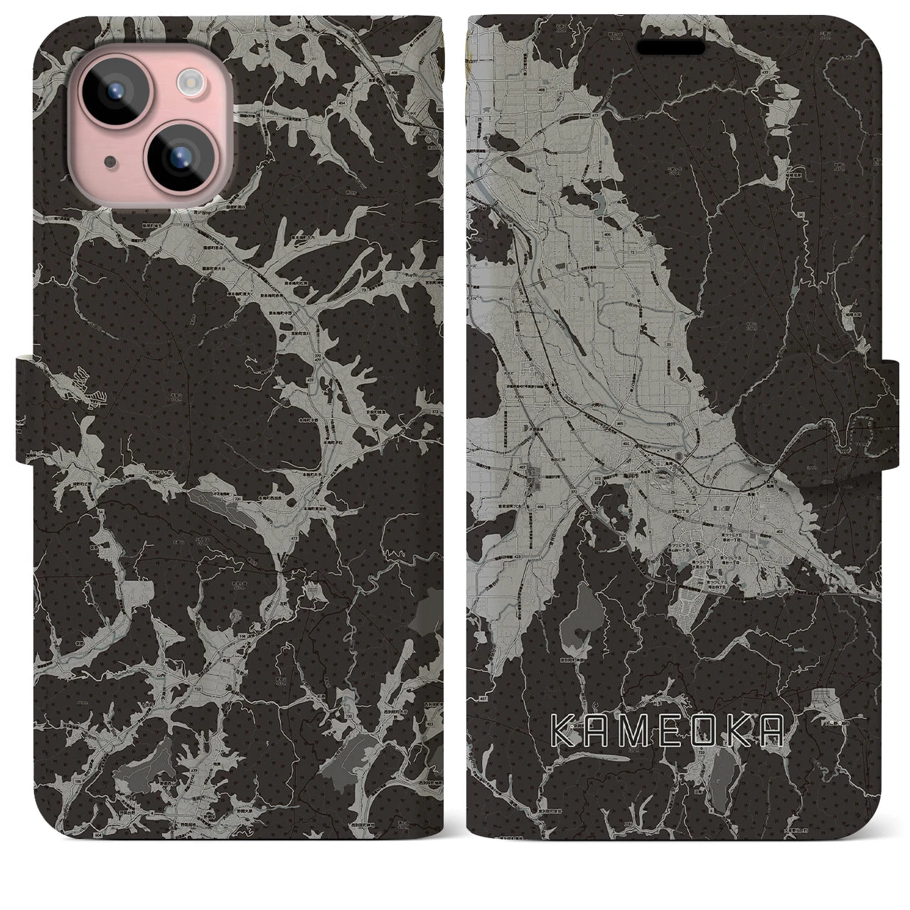 【亀岡(京都府)】地図柄iPhoneケース(手帳タイプ)モノトーン・iPhone 15 Plus 用