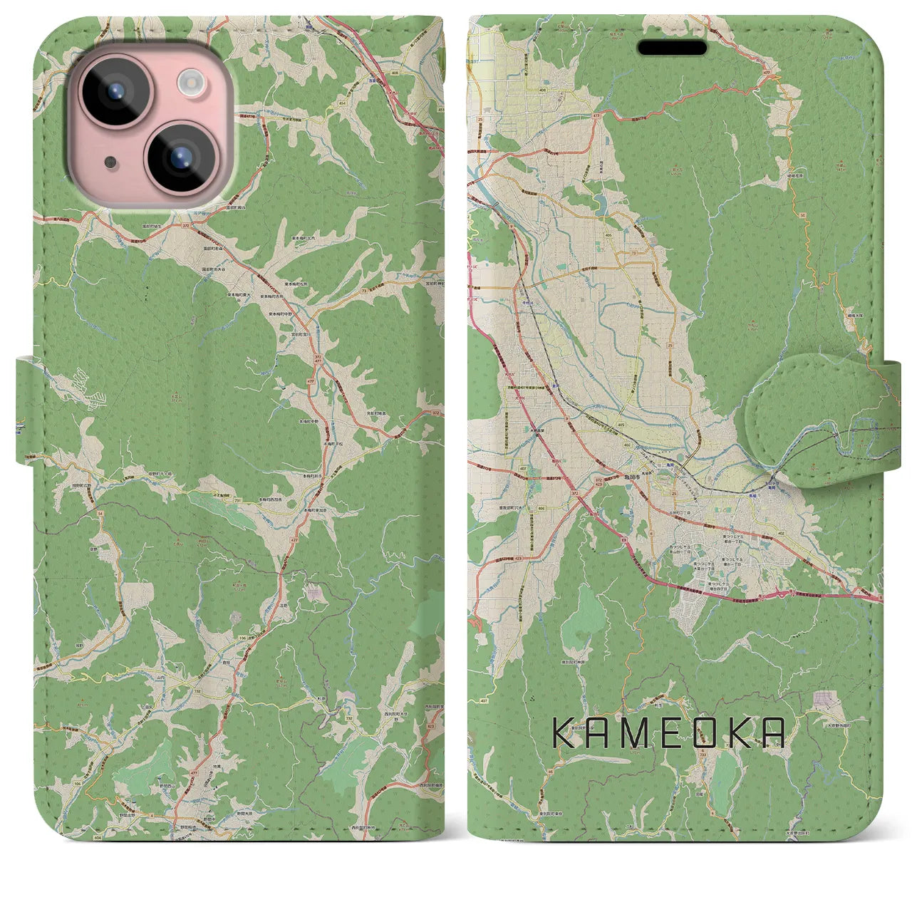 【亀岡(京都府)】地図柄iPhoneケース(手帳タイプ)ナチュラル・iPhone 15 Plus 用
