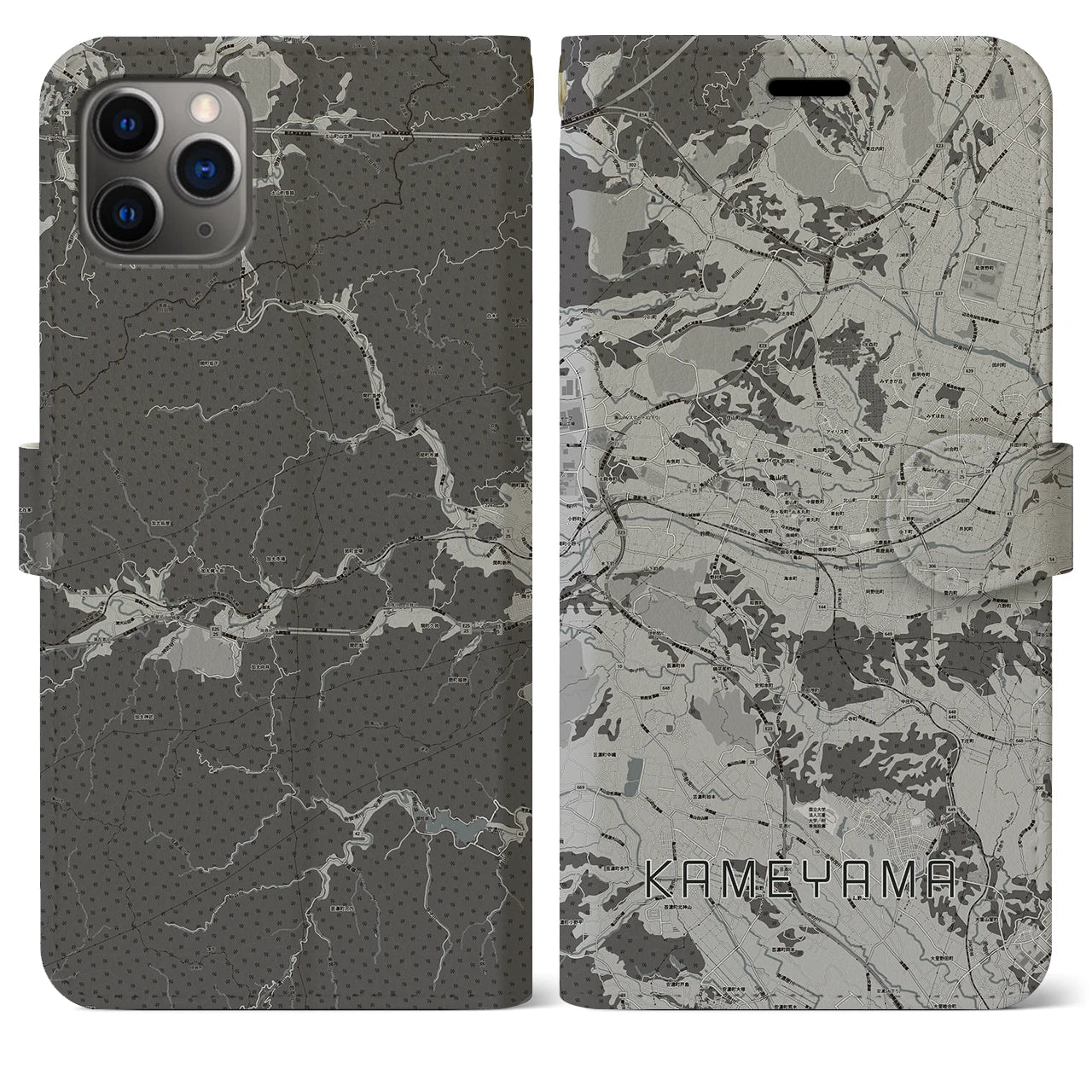 【亀山(三重県)】地図柄iPhoneケース(手帳タイプ)モノトーン・iPhone 11 Pro Max 用