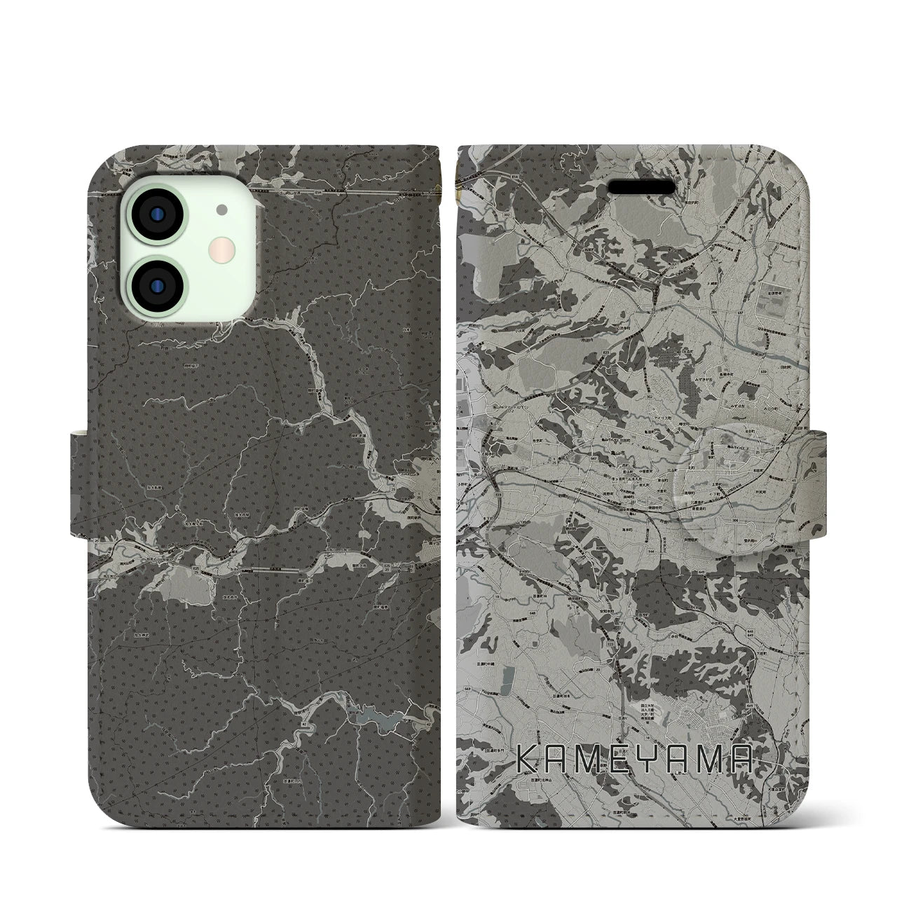 【亀山(三重県)】地図柄iPhoneケース(手帳タイプ)モノトーン・iPhone 12 mini 用