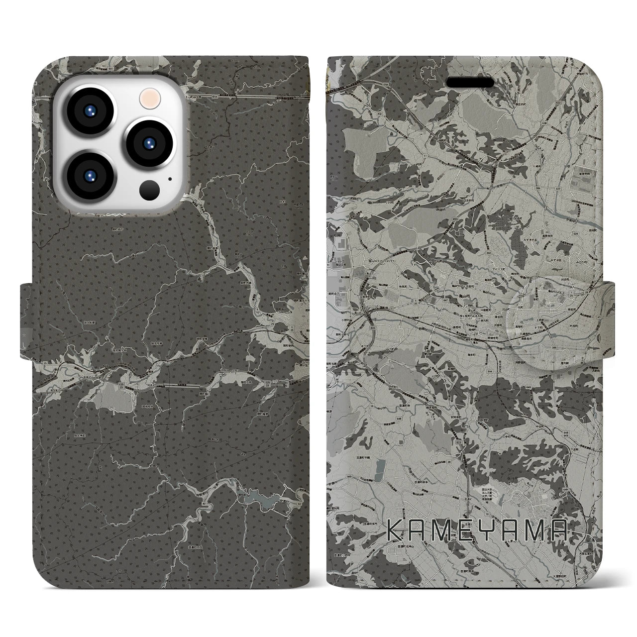 【亀山(三重県)】地図柄iPhoneケース(手帳タイプ)モノトーン・iPhone 13 Pro 用