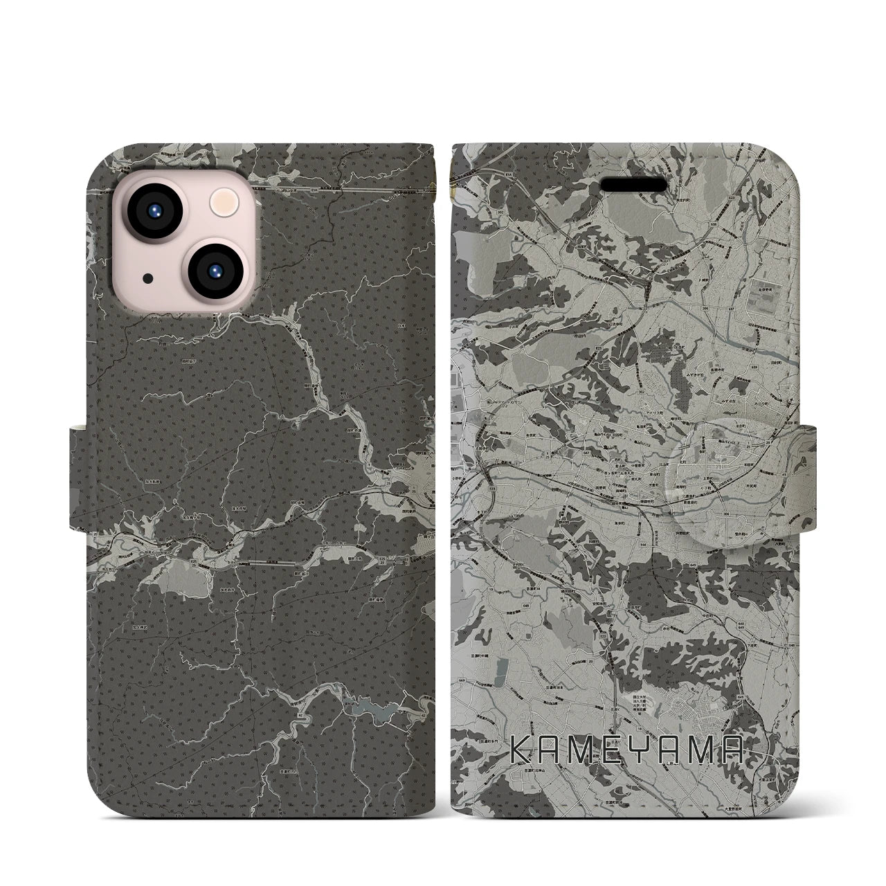 【亀山(三重県)】地図柄iPhoneケース(手帳タイプ)モノトーン・iPhone 13 mini 用