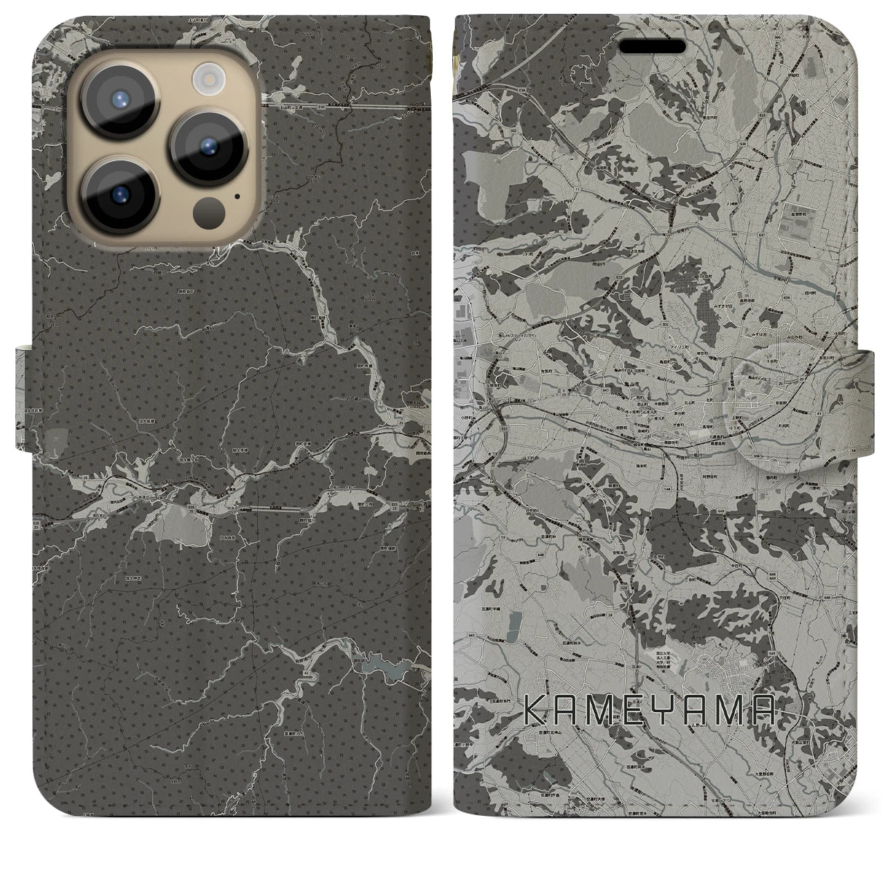 【亀山(三重県)】地図柄iPhoneケース(手帳タイプ)モノトーン・iPhone 14 Pro Max 用