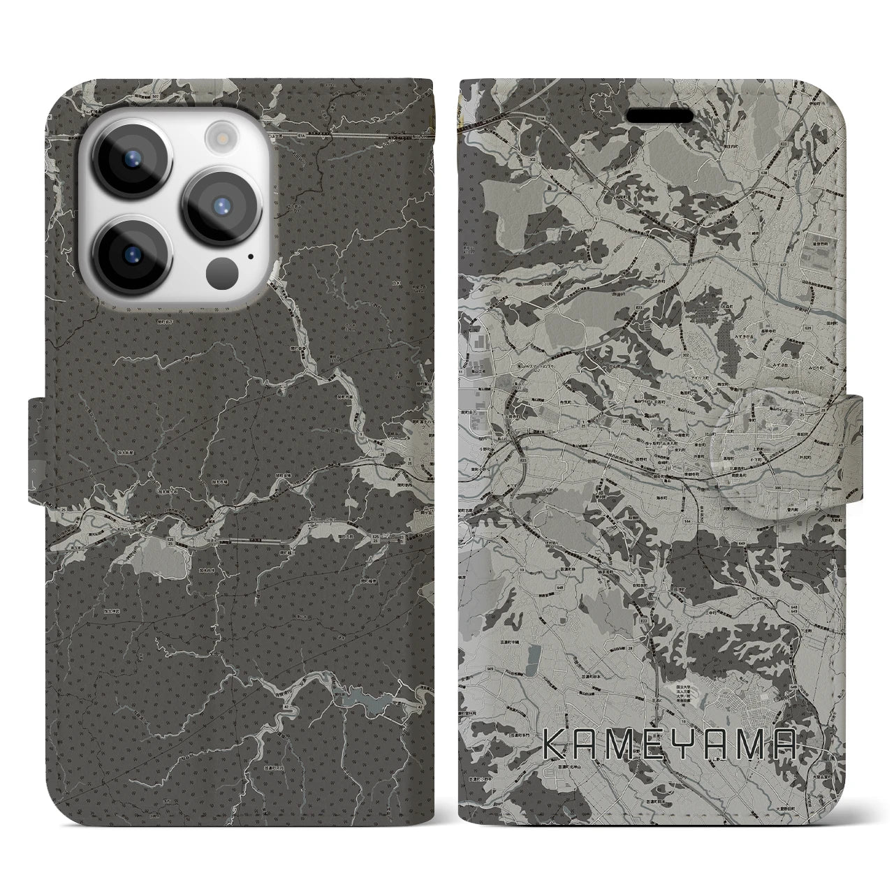 【亀山(三重県)】地図柄iPhoneケース(手帳タイプ)モノトーン・iPhone 14 Pro 用
