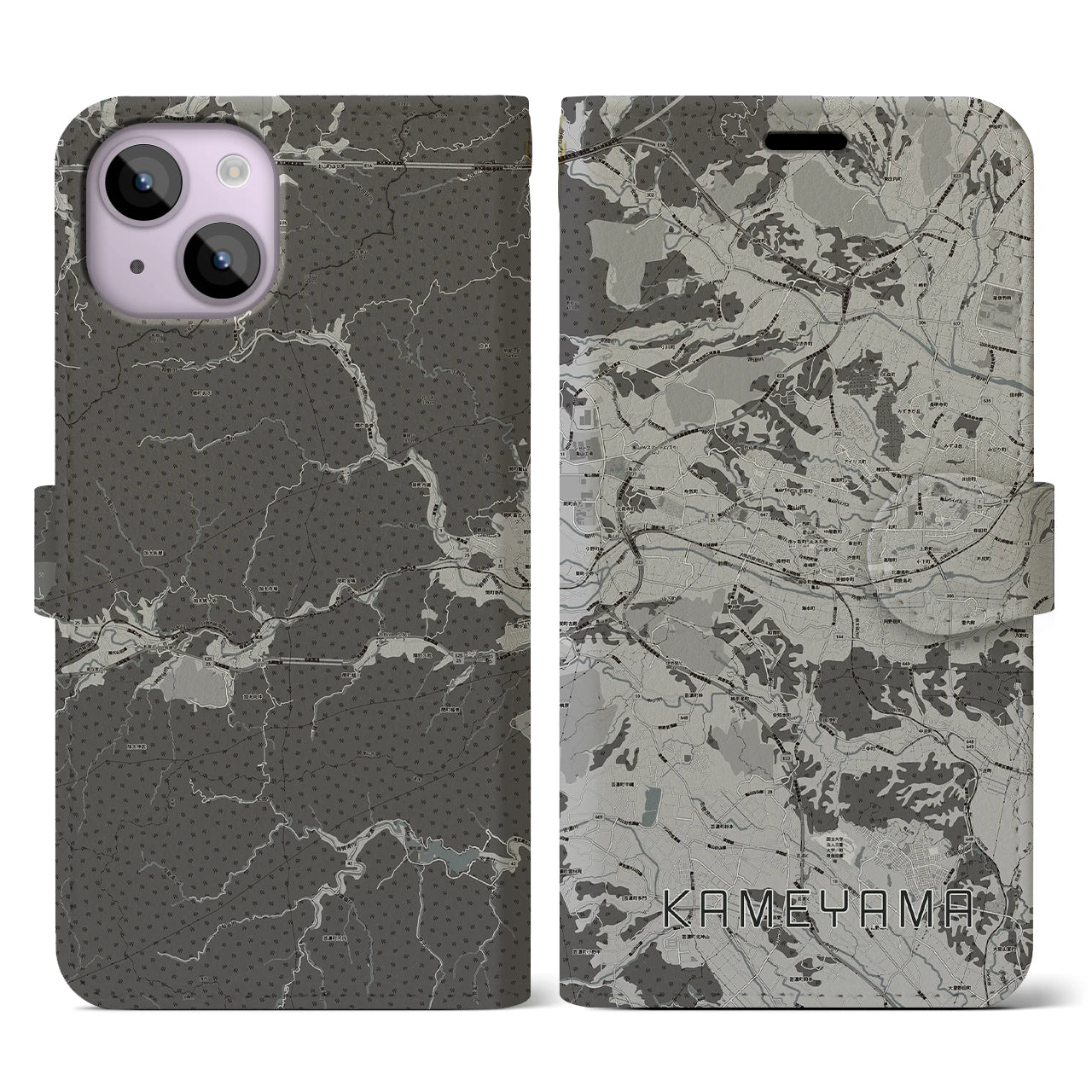 【亀山(三重県)】地図柄iPhoneケース(手帳タイプ)モノトーン・iPhone 14 用