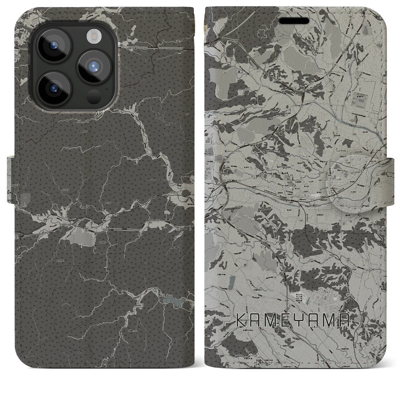【亀山(三重県)】地図柄iPhoneケース(手帳タイプ)モノトーン・iPhone 15 Pro Max 用