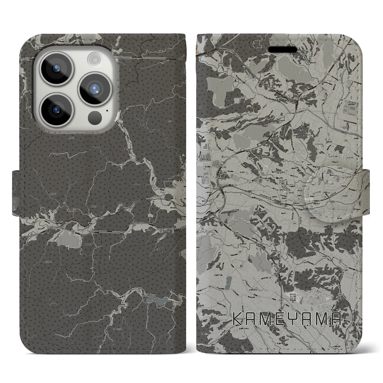 【亀山(三重県)】地図柄iPhoneケース(手帳タイプ)モノトーン・iPhone 15 Pro 用
