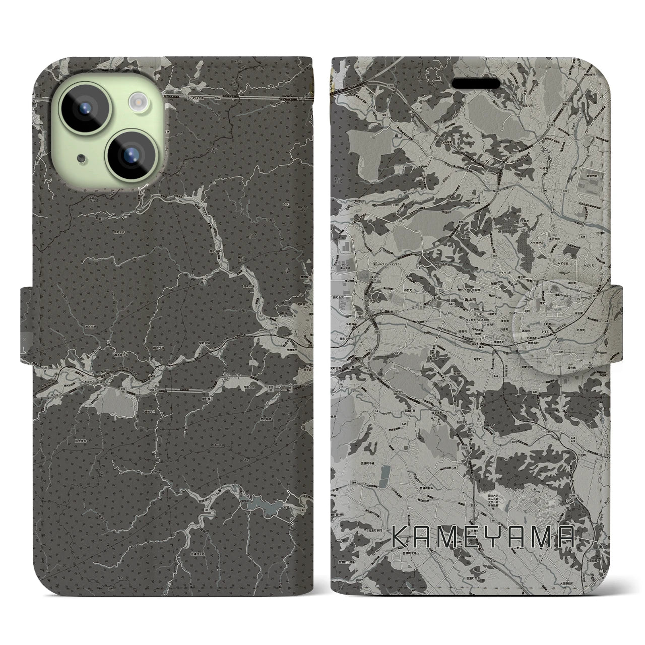 【亀山(三重県)】地図柄iPhoneケース(手帳タイプ)モノトーン・iPhone 15 用
