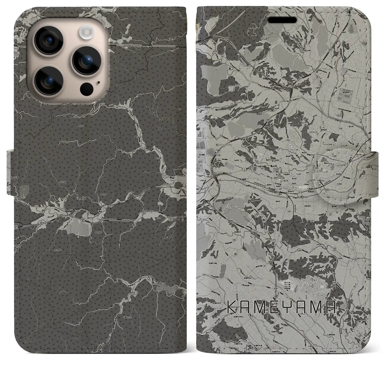 【亀山(三重県)】地図柄iPhoneケース(手帳タイプ)モノトーン・iPhone 16 Plus 用