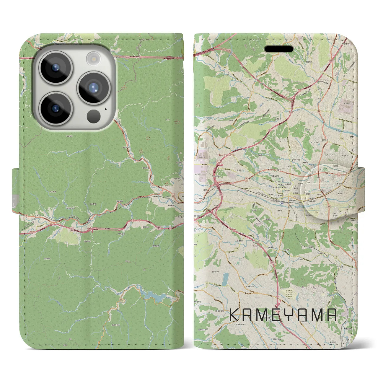 【亀山(三重県)】地図柄iPhoneケース(手帳タイプ)ナチュラル・iPhone 15 Pro 用
