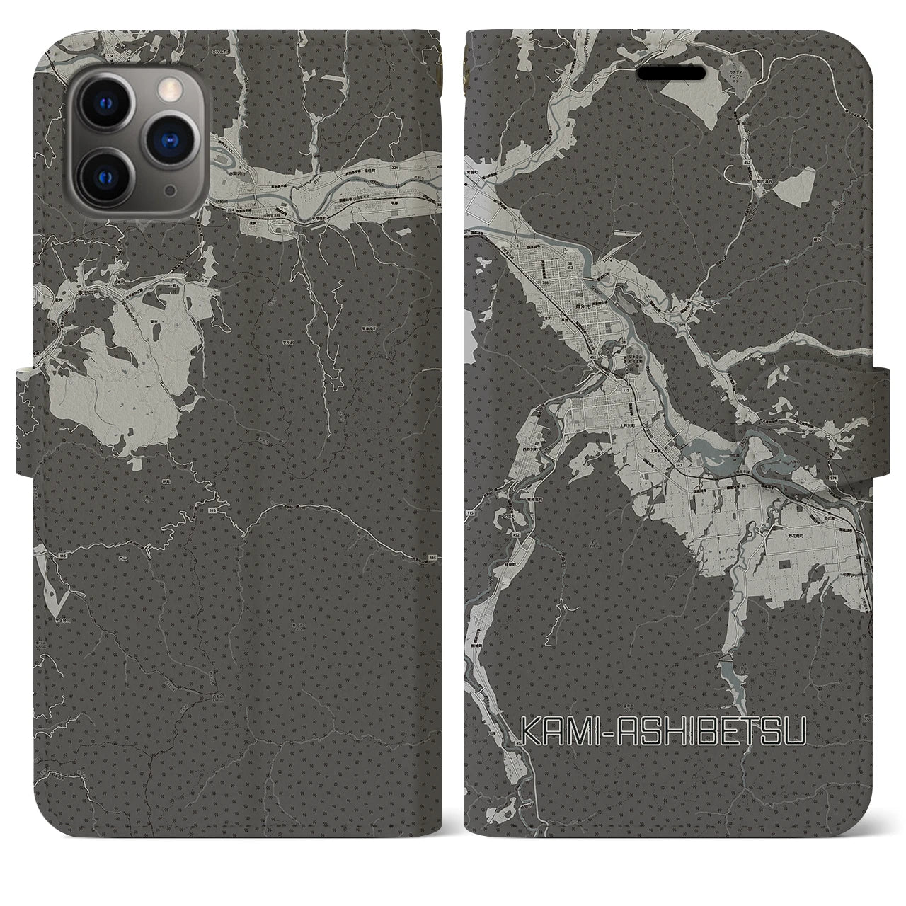 【上芦別(北海道)】地図柄iPhoneケース(手帳タイプ)モノトーン・iPhone 11 Pro Max 用