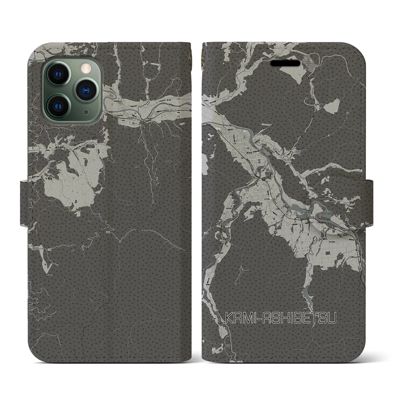 【上芦別(北海道)】地図柄iPhoneケース(手帳タイプ)モノトーン・iPhone 11 Pro 用