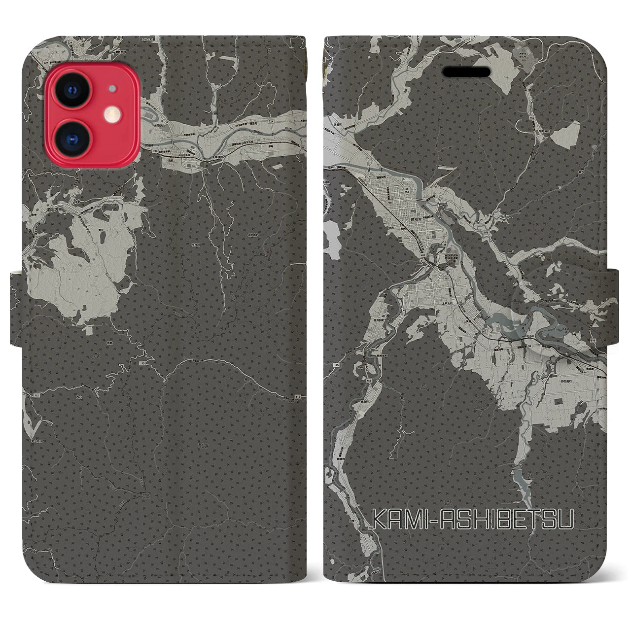 【上芦別(北海道)】地図柄iPhoneケース(手帳タイプ)モノトーン・iPhone 11 用