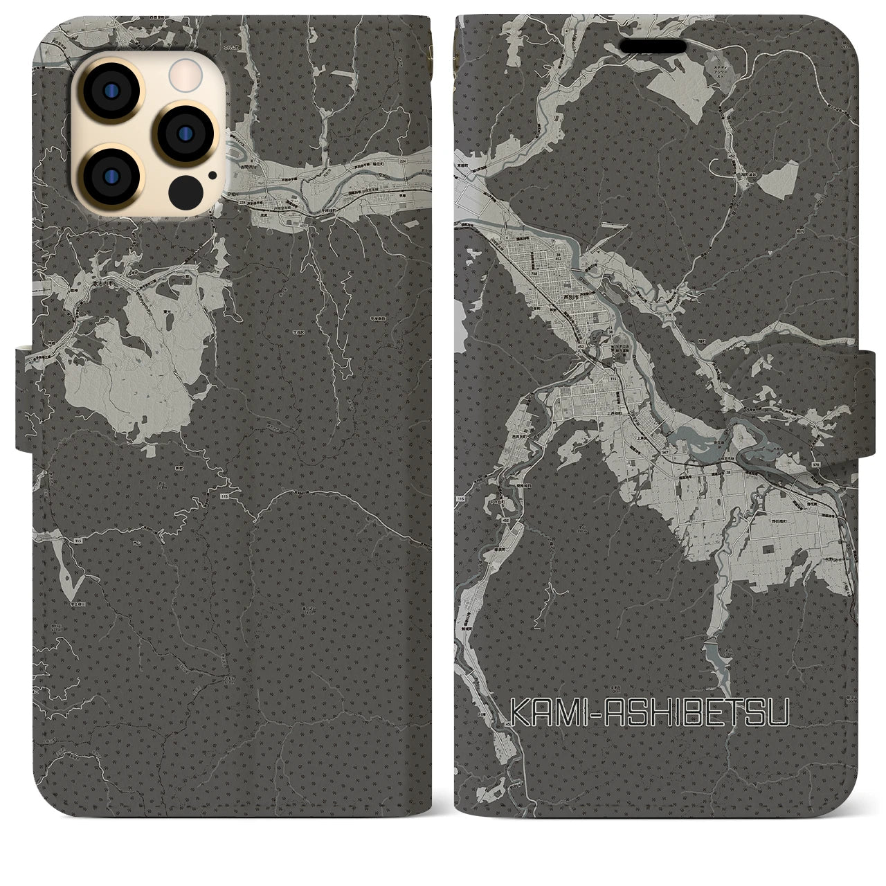 【上芦別(北海道)】地図柄iPhoneケース(手帳タイプ)モノトーン・iPhone 12 Pro Max 用