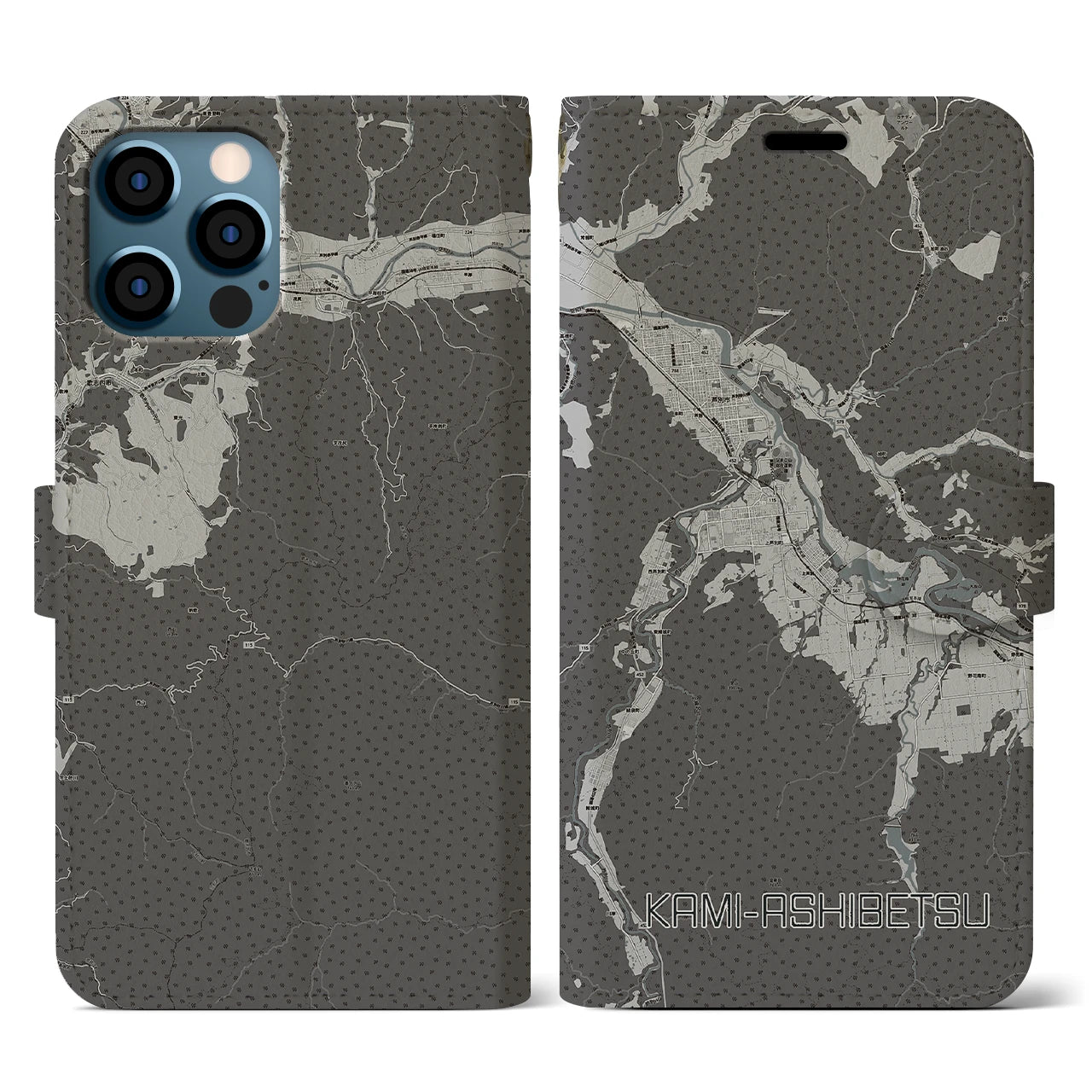【上芦別(北海道)】地図柄iPhoneケース(手帳タイプ)モノトーン・iPhone 12 / 12 Pro 用