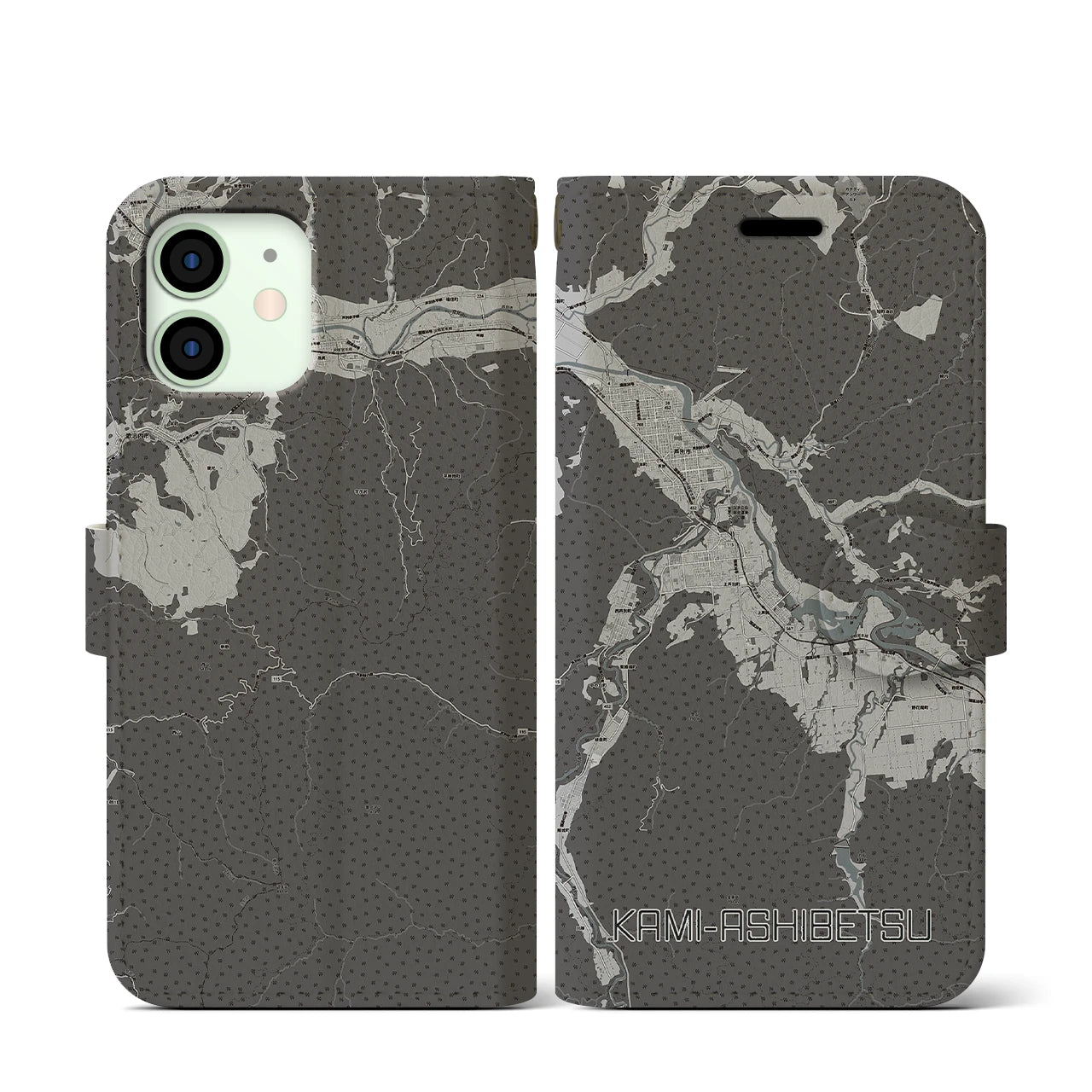 【上芦別(北海道)】地図柄iPhoneケース(手帳タイプ)モノトーン・iPhone 12 mini 用