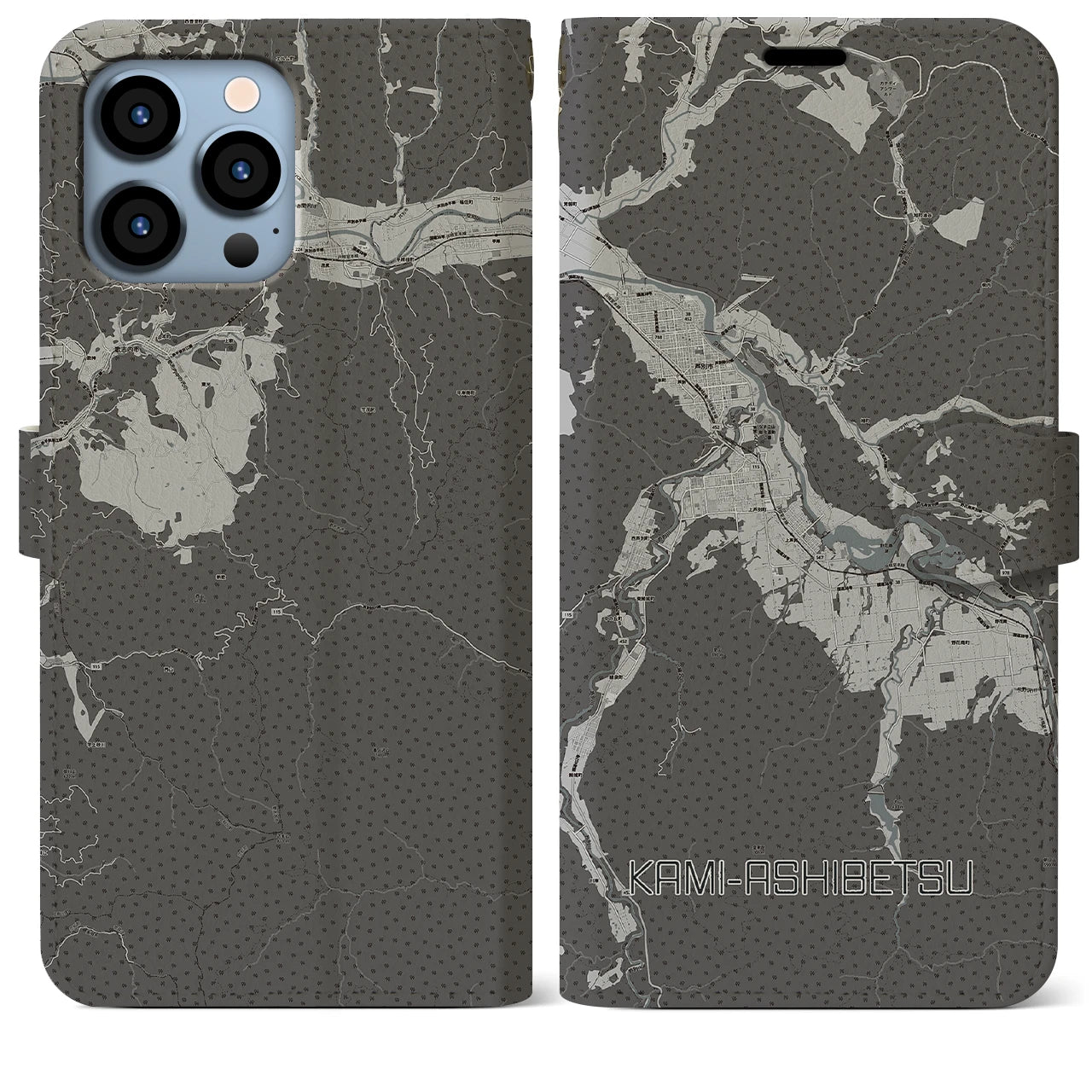【上芦別(北海道)】地図柄iPhoneケース(手帳タイプ)モノトーン・iPhone 13 Pro Max 用