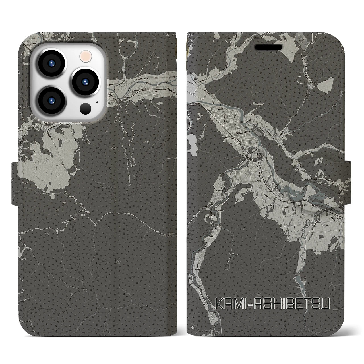 【上芦別(北海道)】地図柄iPhoneケース(手帳タイプ)モノトーン・iPhone 13 Pro 用