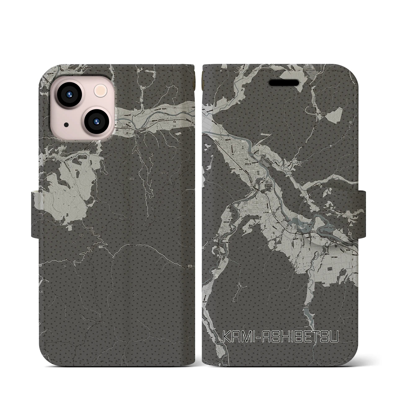 【上芦別(北海道)】地図柄iPhoneケース(手帳タイプ)モノトーン・iPhone 13 mini 用