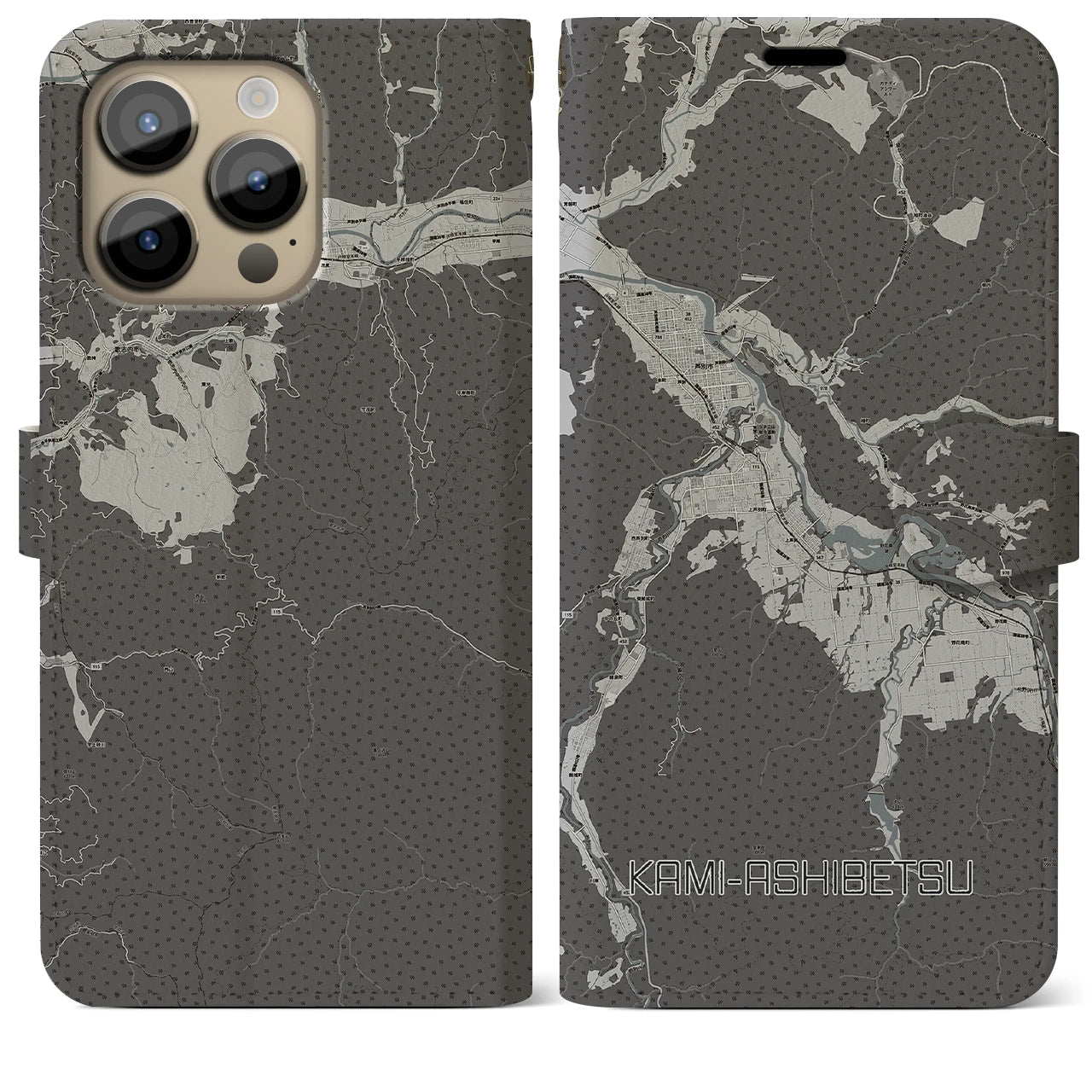 【上芦別(北海道)】地図柄iPhoneケース(手帳タイプ)モノトーン・iPhone 14 Pro Max 用