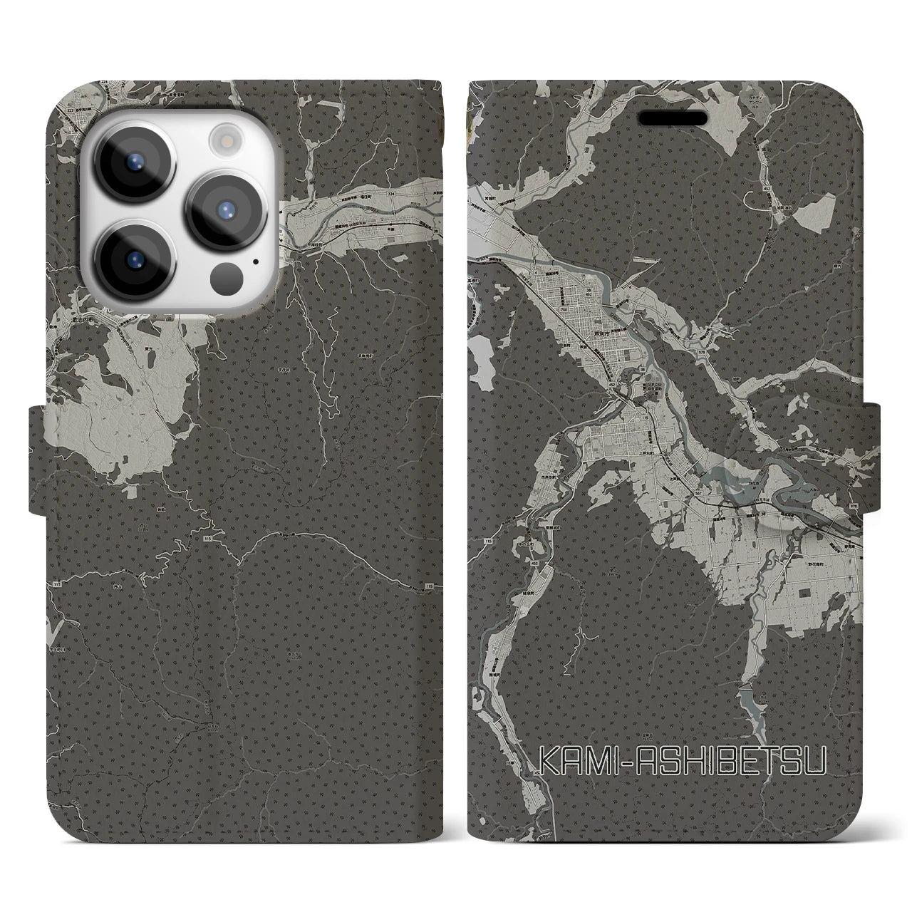 【上芦別(北海道)】地図柄iPhoneケース(手帳タイプ)モノトーン・iPhone 14 Pro 用