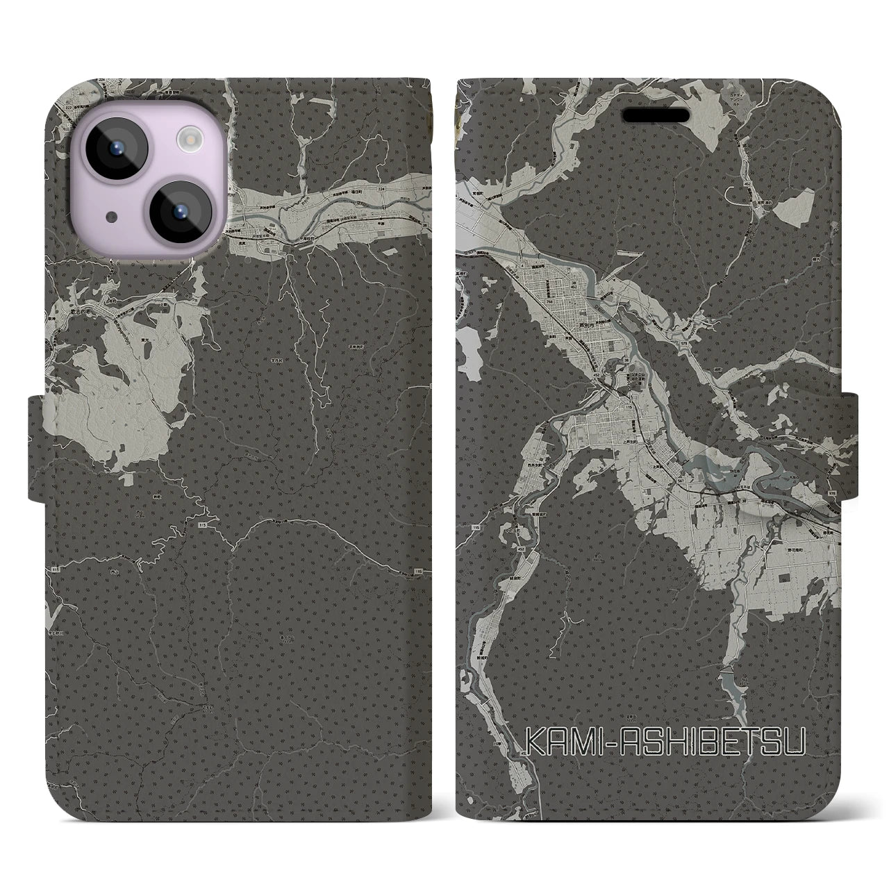 【上芦別(北海道)】地図柄iPhoneケース(手帳タイプ)モノトーン・iPhone 14 用