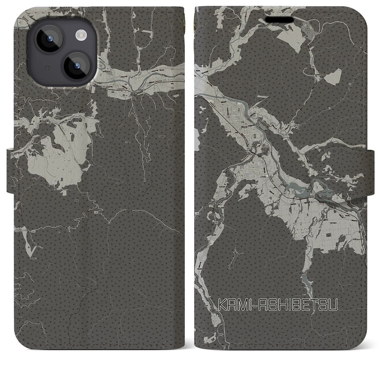 【上芦別(北海道)】地図柄iPhoneケース(手帳タイプ)モノトーン・iPhone 14 Plus 用