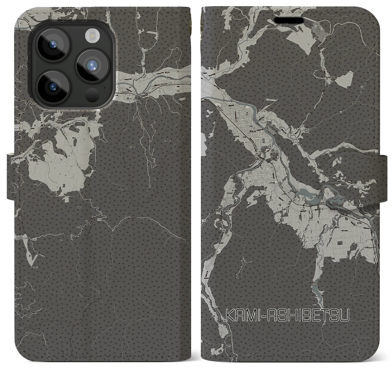 【上芦別(北海道)】地図柄iPhoneケース(手帳タイプ)モノトーン・iPhone 15 Pro Max 用