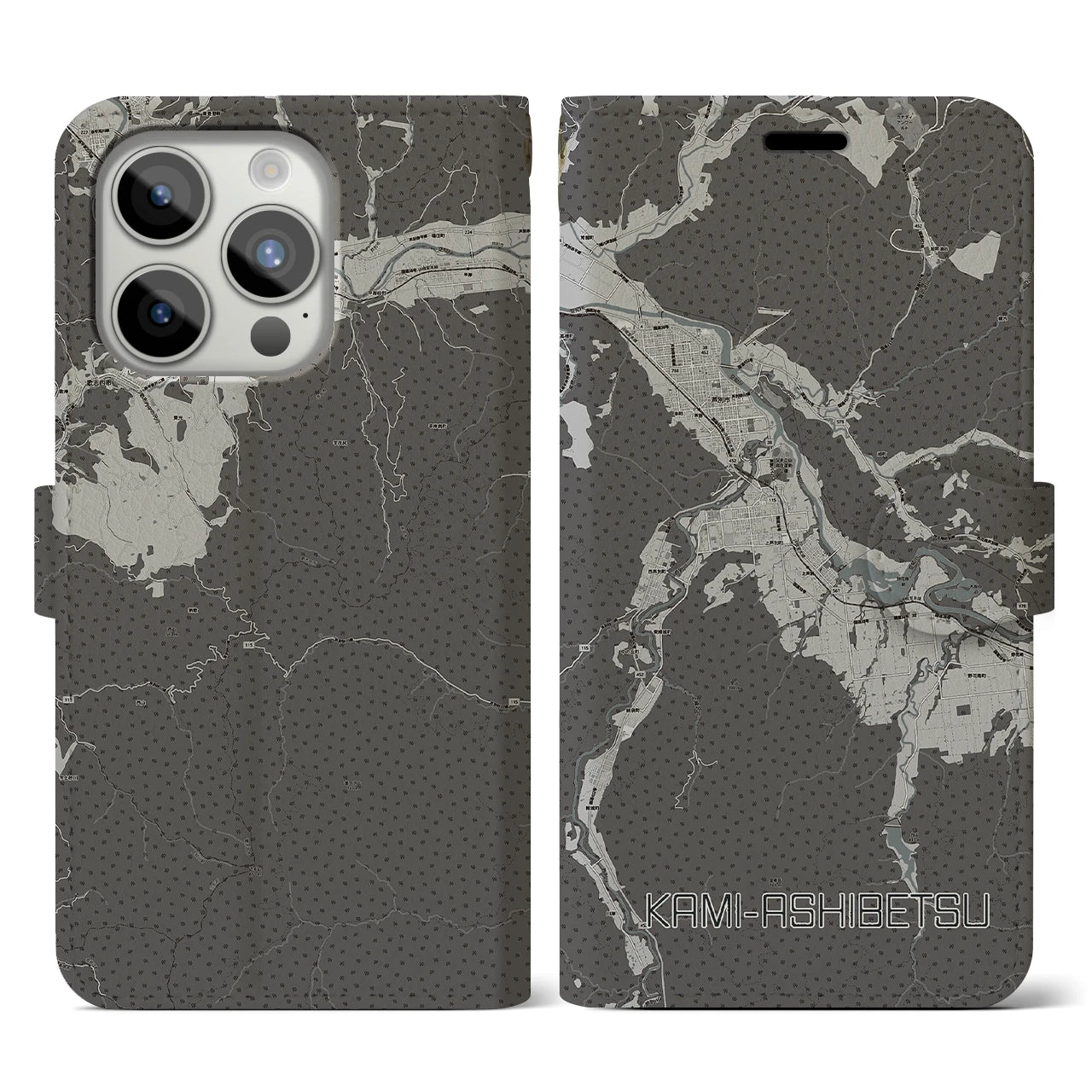 【上芦別(北海道)】地図柄iPhoneケース(手帳タイプ)モノトーン・iPhone 15 Pro 用