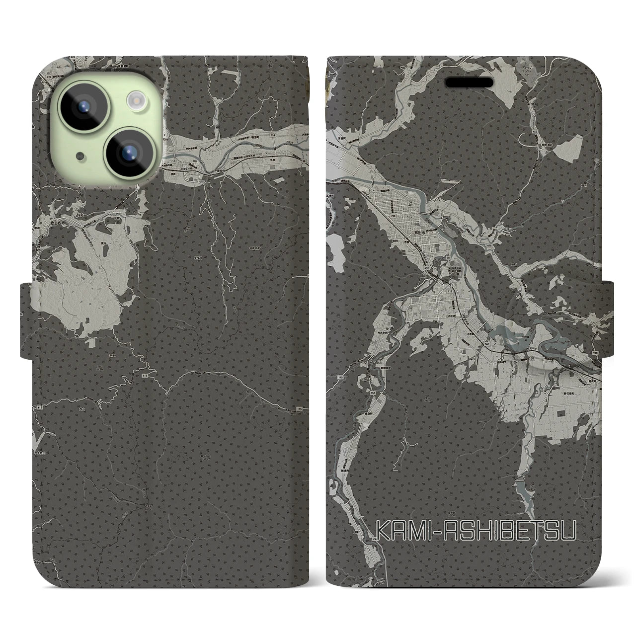 【上芦別(北海道)】地図柄iPhoneケース(手帳タイプ)モノトーン・iPhone 15 用