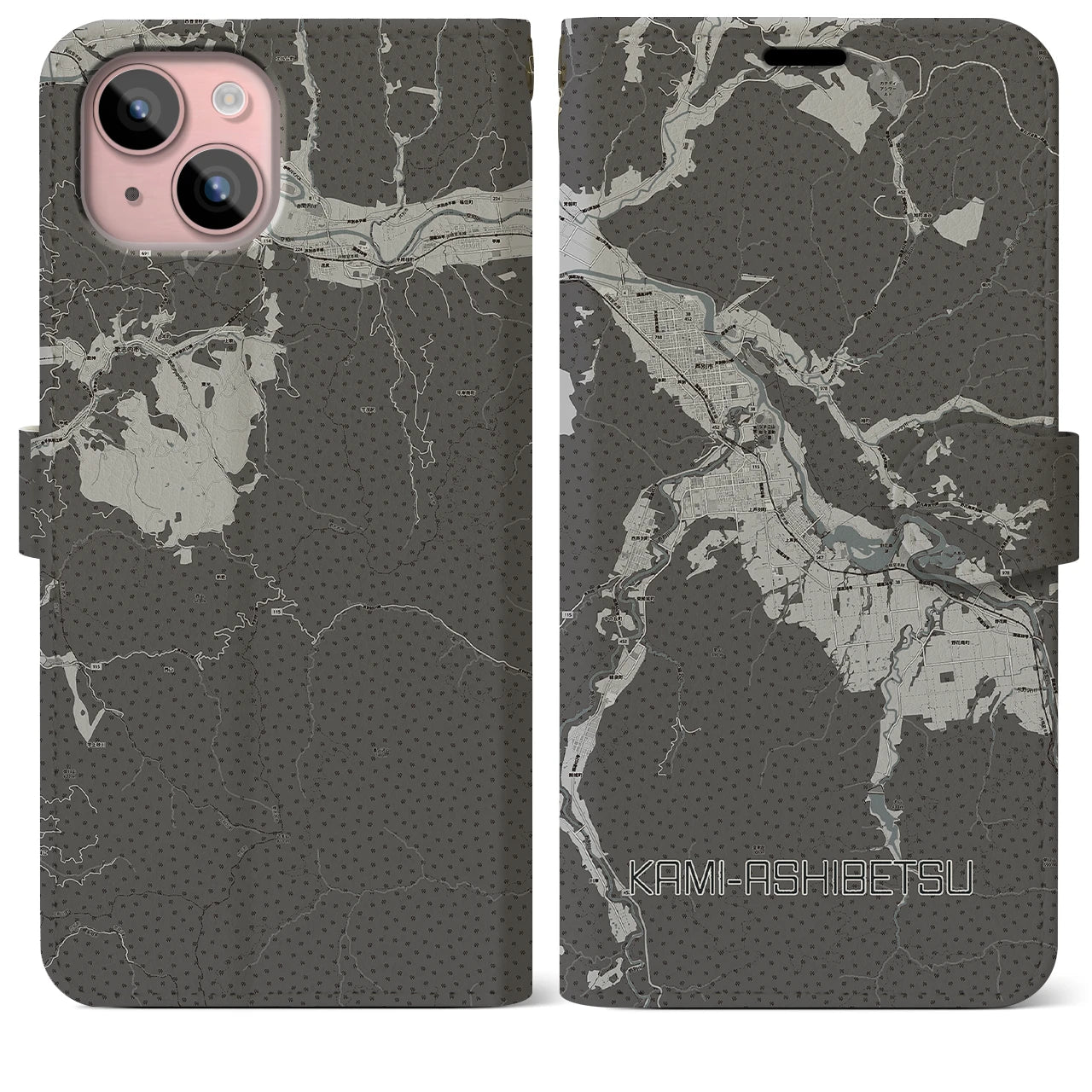 【上芦別(北海道)】地図柄iPhoneケース(手帳タイプ)モノトーン・iPhone 15 Plus 用