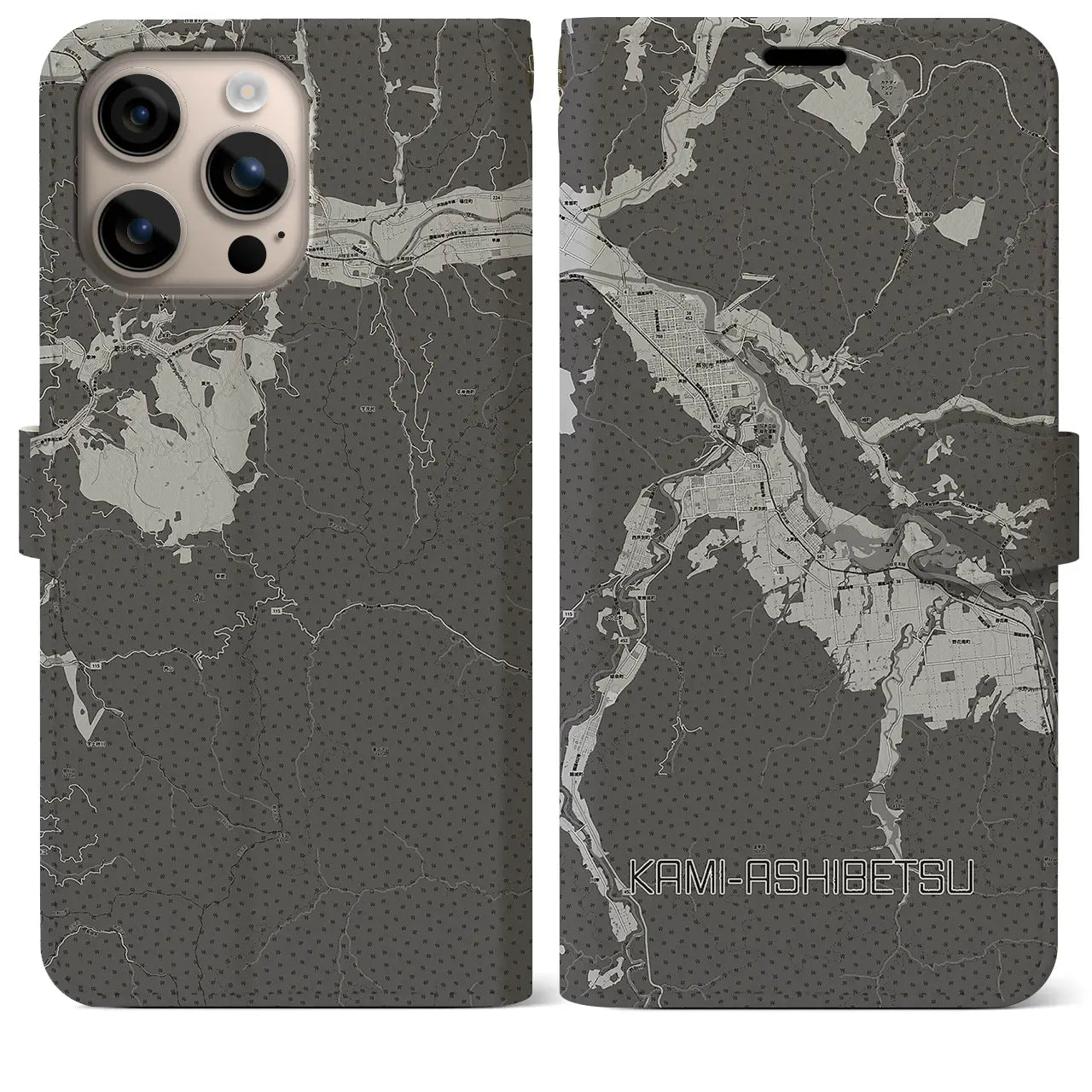 【上芦別(北海道)】地図柄iPhoneケース(手帳タイプ)モノトーン・iPhone 16 Plus 用