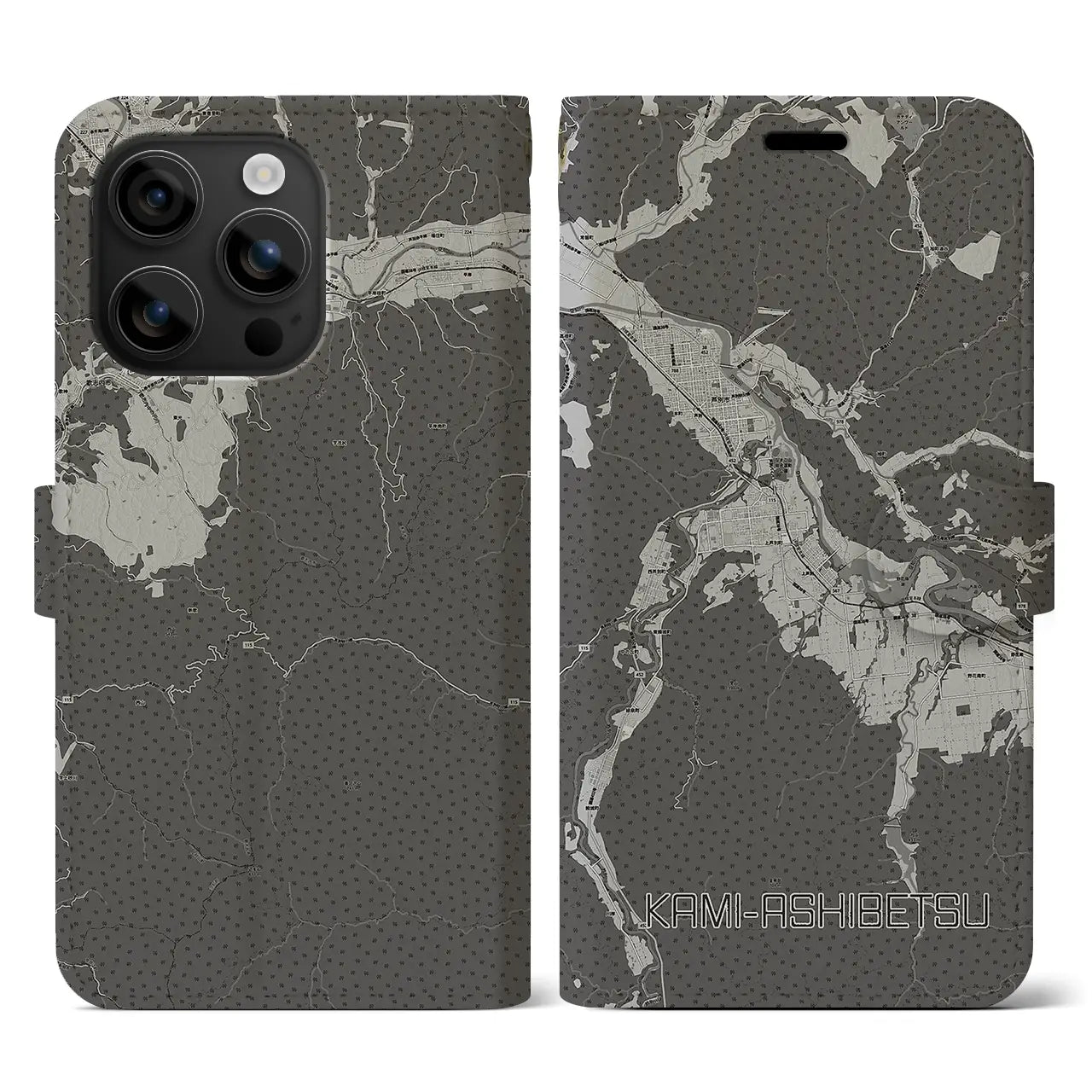【上芦別(北海道)】地図柄iPhoneケース(手帳タイプ)モノトーン・iPhone 16 用