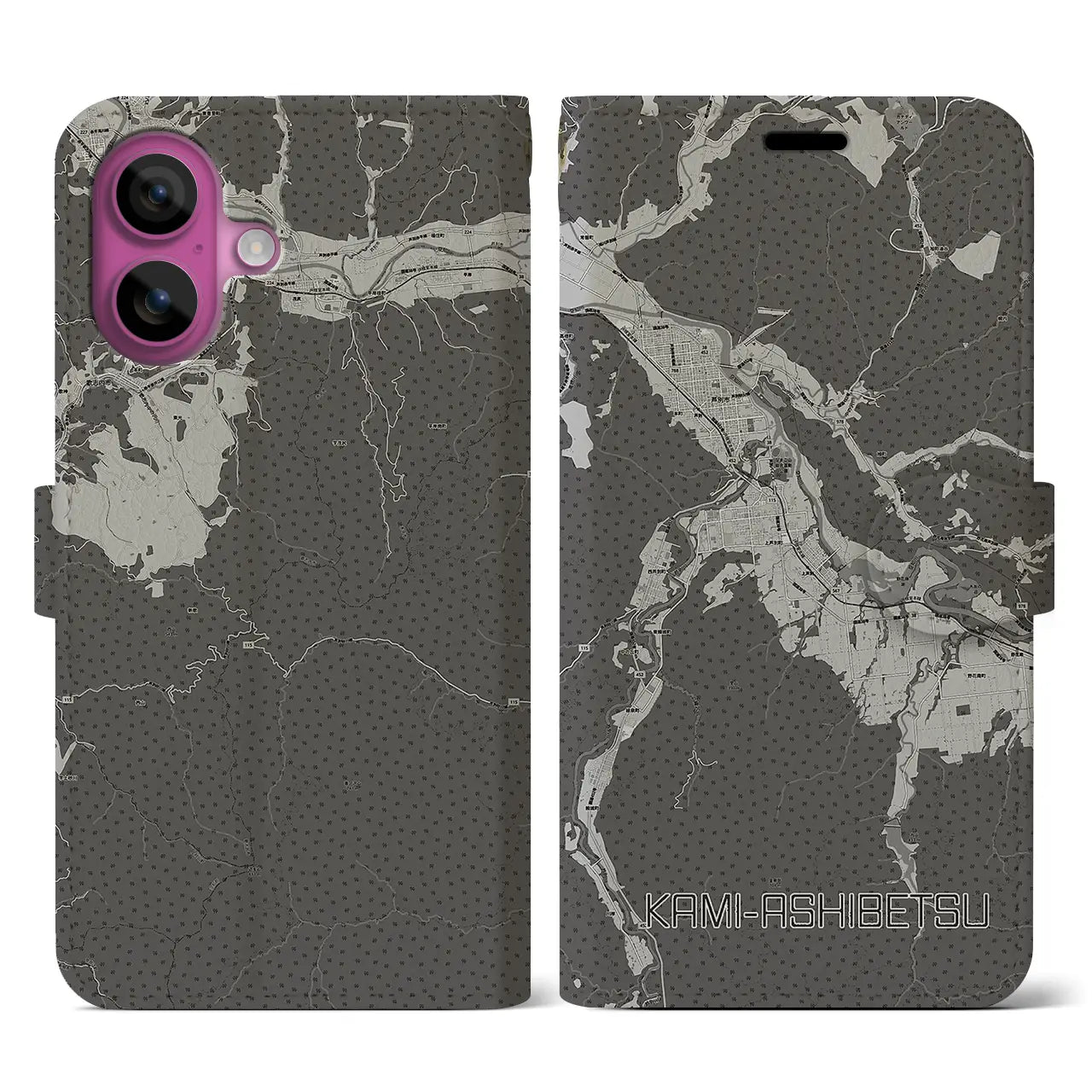【上芦別(北海道)】地図柄iPhoneケース(手帳タイプ)モノトーン・iPhone 16 Pro 用