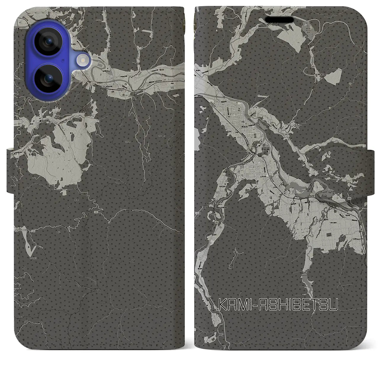【上芦別(北海道)】地図柄iPhoneケース(手帳タイプ)モノトーン・iPhone 16 Pro Max 用