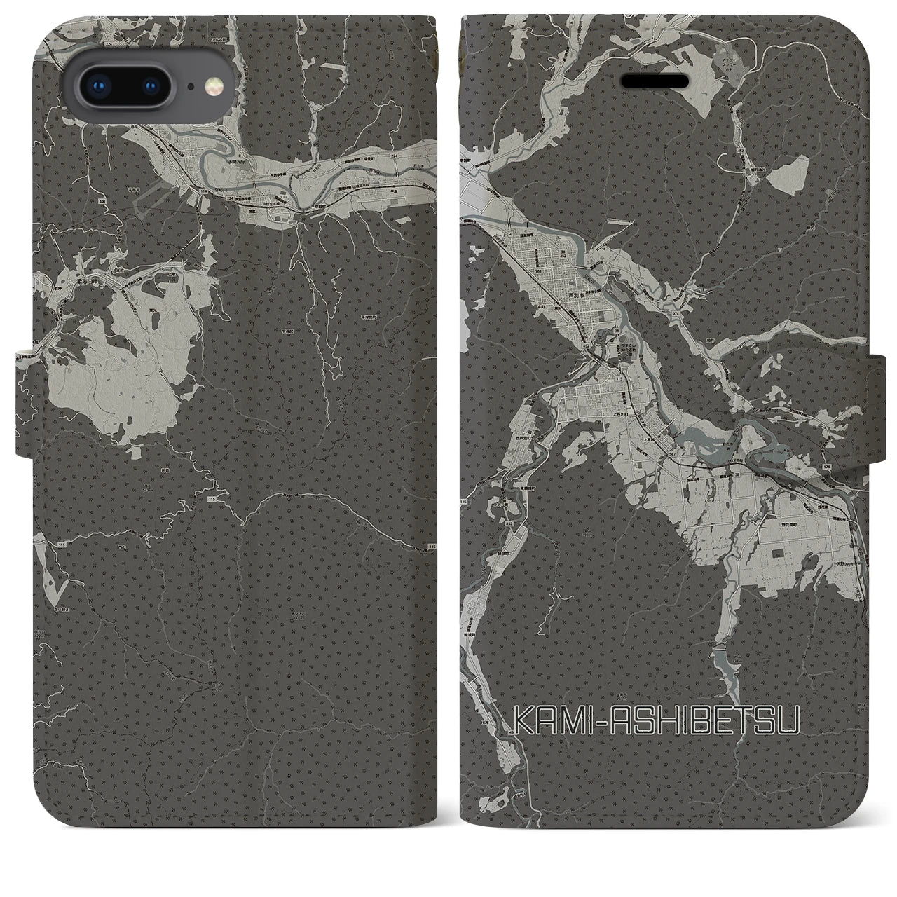 【上芦別(北海道)】地図柄iPhoneケース(手帳タイプ)モノトーン・iPhone 8Plus /7Plus / 6sPlus / 6Plus 用