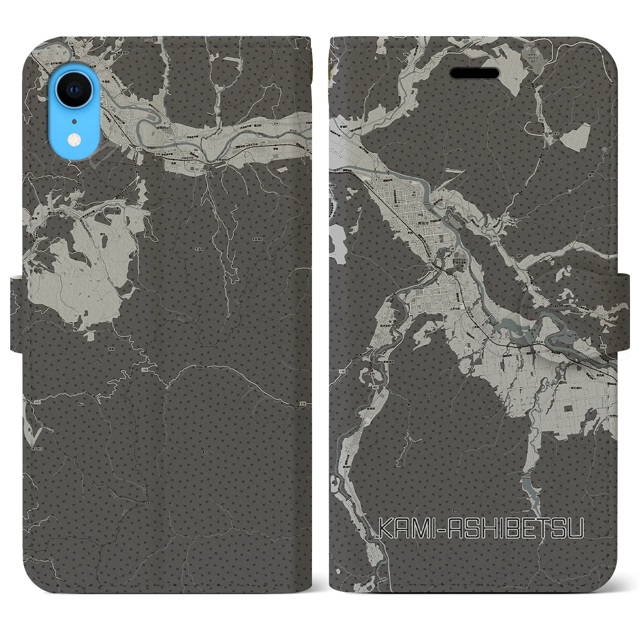 【上芦別(北海道)】地図柄iPhoneケース(手帳タイプ)モノトーン・iPhone XR 用