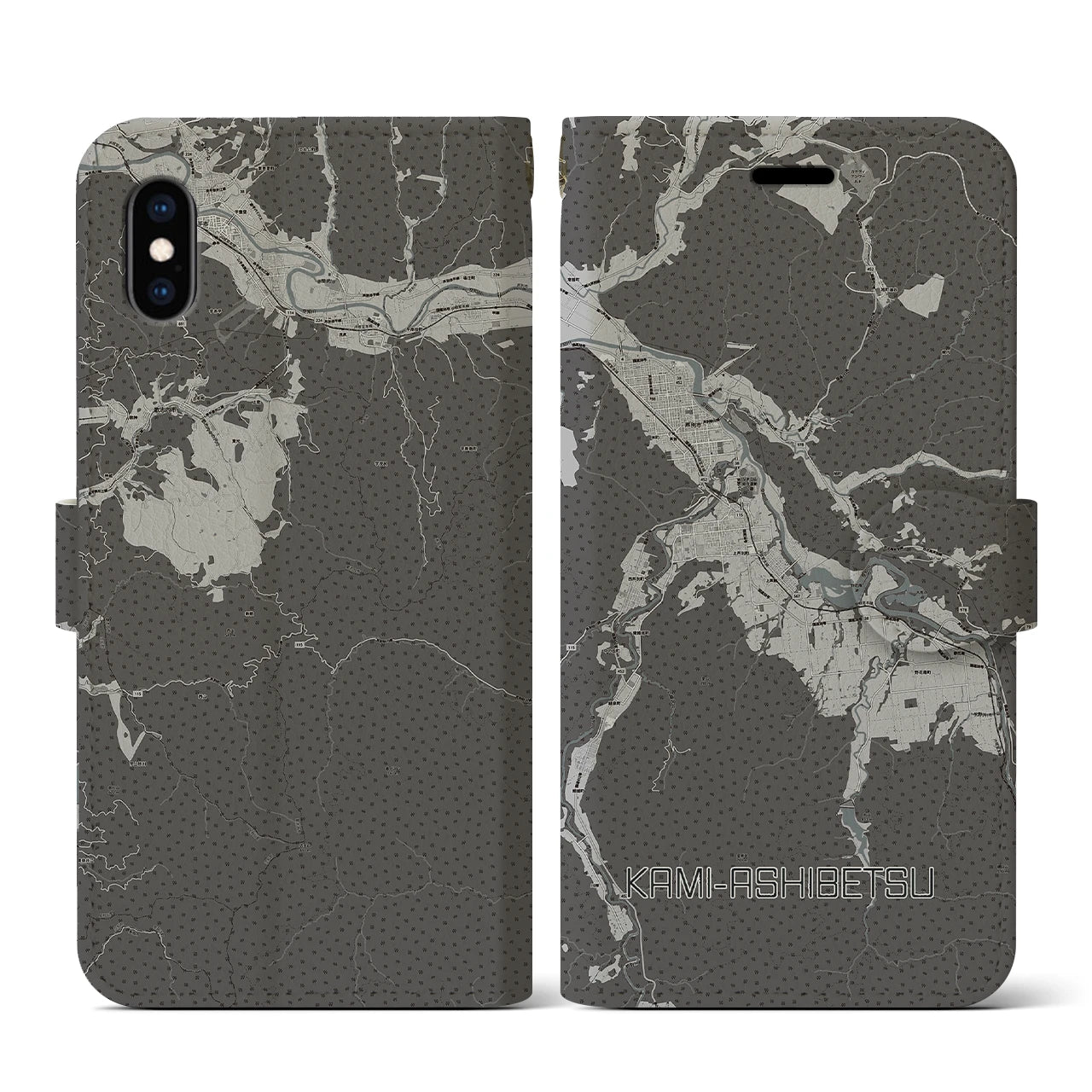 【上芦別(北海道)】地図柄iPhoneケース(手帳タイプ)モノトーン・iPhone XS / X 用