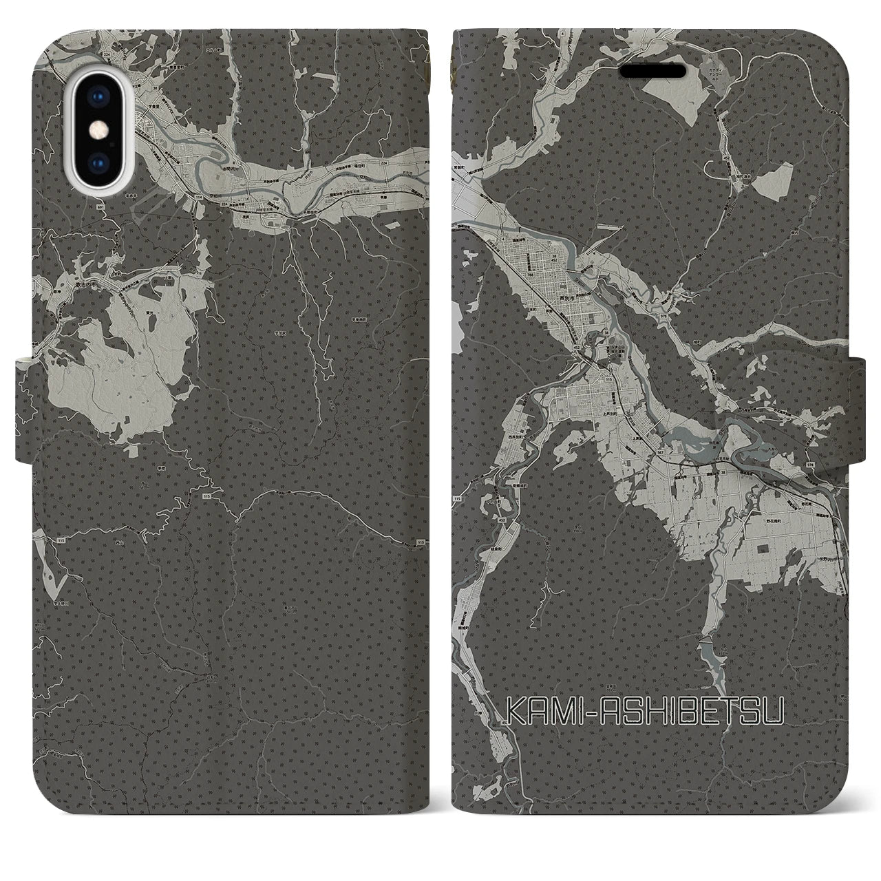 【上芦別(北海道)】地図柄iPhoneケース(手帳タイプ)モノトーン・iPhone XS Max 用