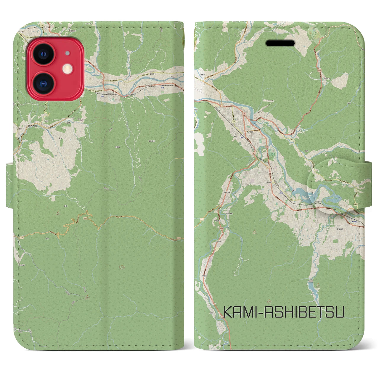 【上芦別(北海道)】地図柄iPhoneケース(手帳タイプ)ナチュラル・iPhone 11 用