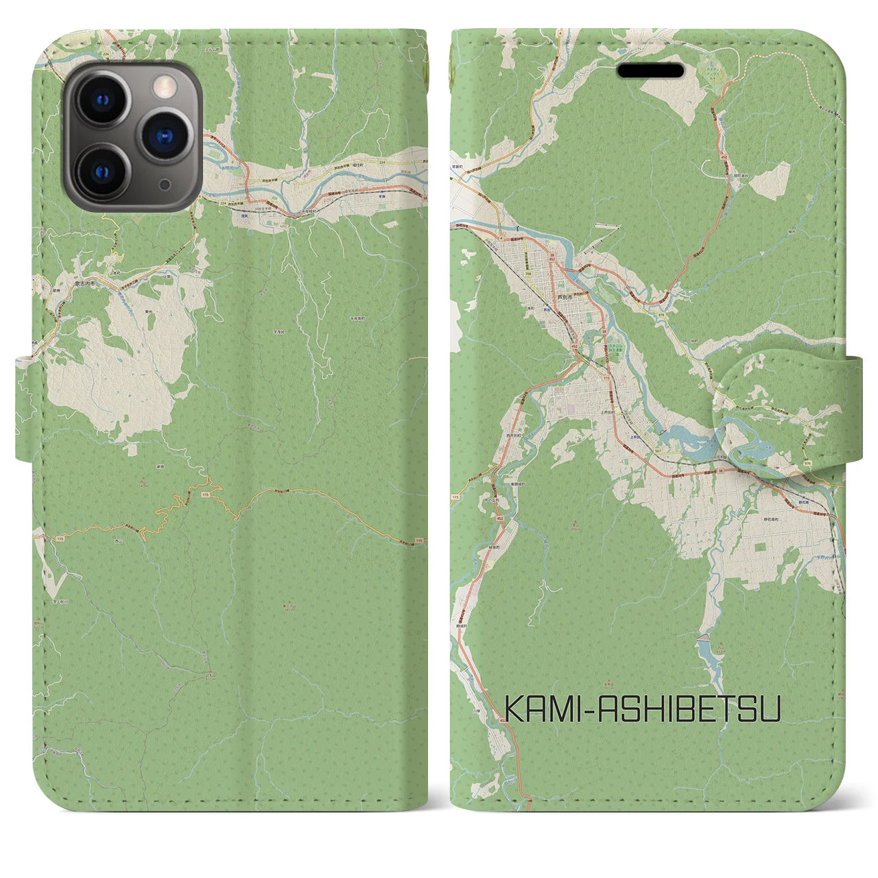 【上芦別(北海道)】地図柄iPhoneケース(手帳タイプ)ナチュラル・iPhone 11 Pro Max 用