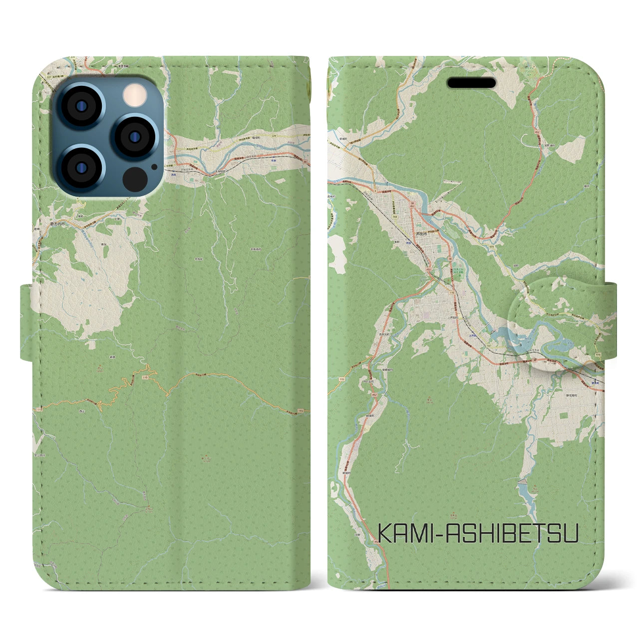 【上芦別(北海道)】地図柄iPhoneケース(手帳タイプ)ナチュラル・iPhone 12 / 12 Pro 用