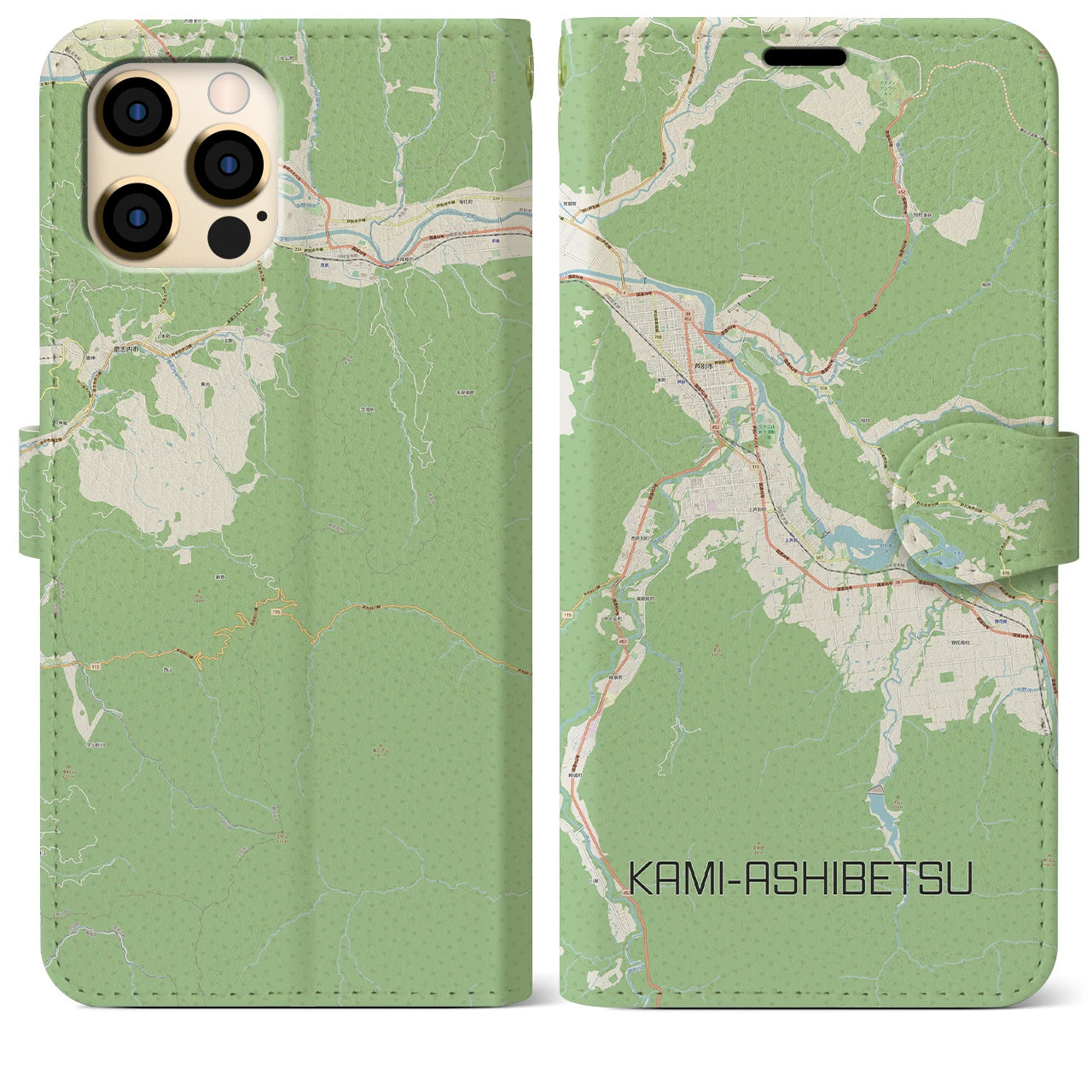 【上芦別(北海道)】地図柄iPhoneケース(手帳タイプ)ナチュラル・iPhone 12 Pro Max 用