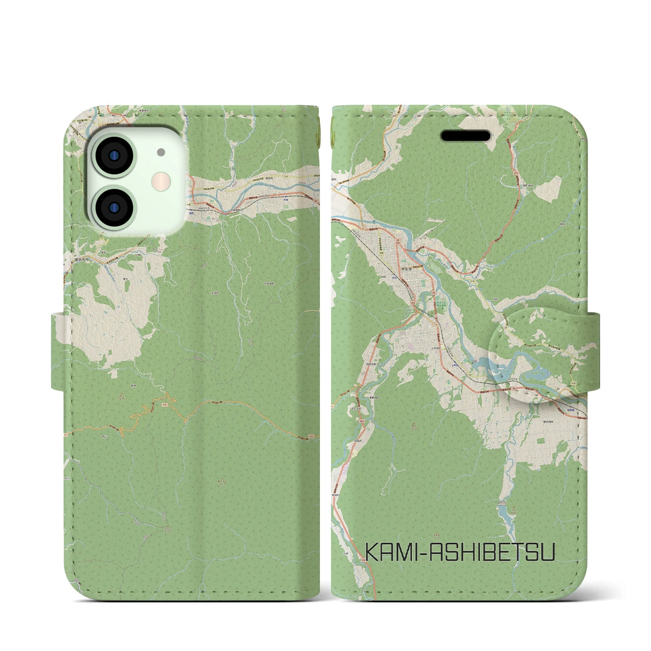 【上芦別(北海道)】地図柄iPhoneケース(手帳タイプ)ナチュラル・iPhone 12 mini 用