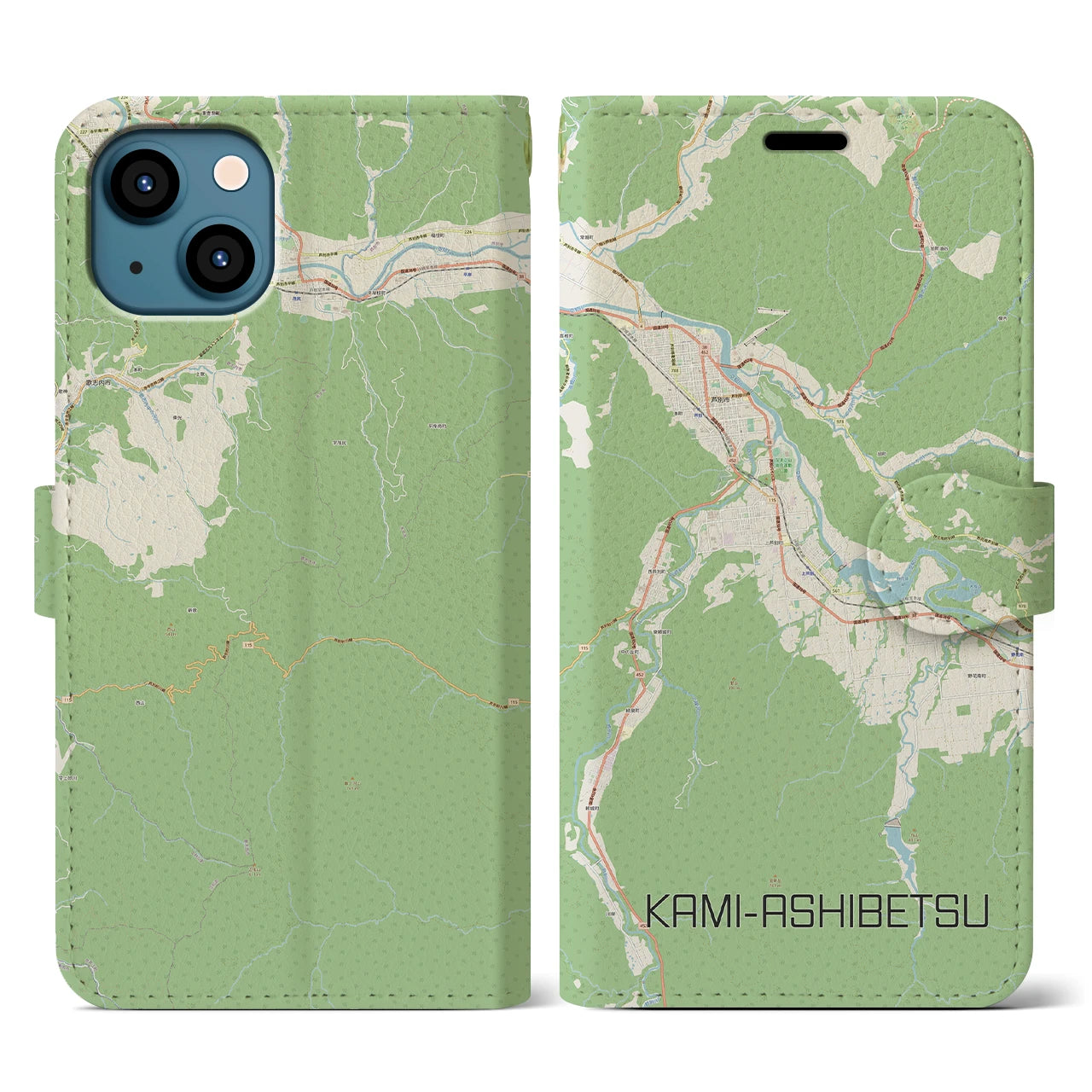 【上芦別(北海道)】地図柄iPhoneケース(手帳タイプ)ナチュラル・iPhone 13 用