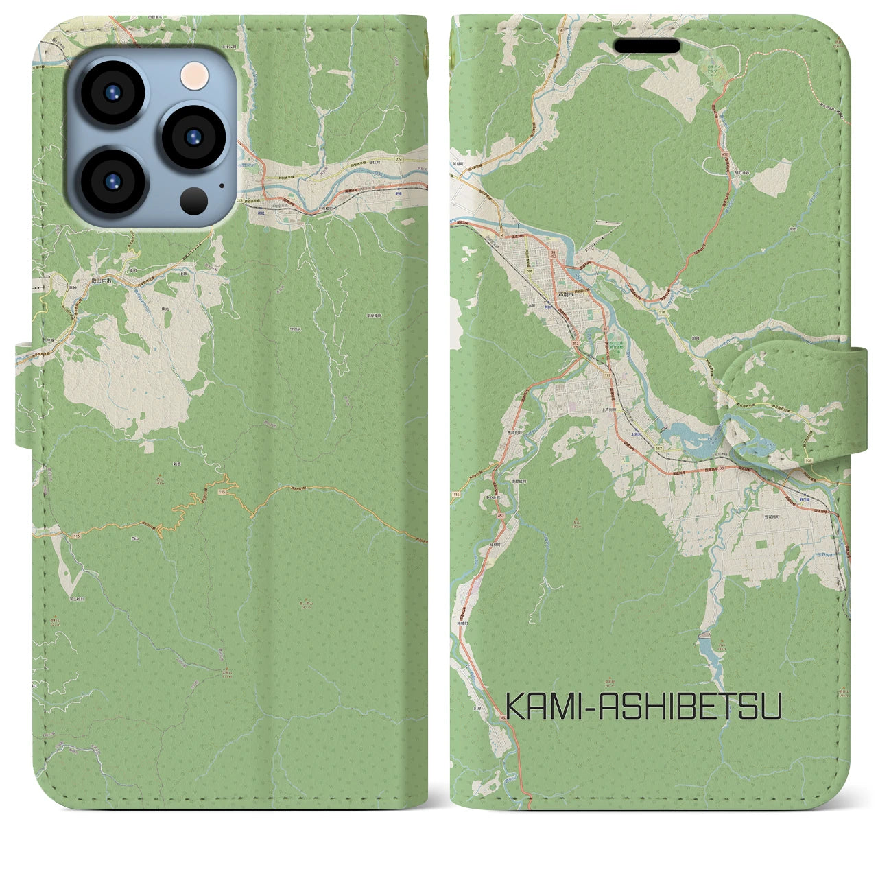 【上芦別(北海道)】地図柄iPhoneケース(手帳タイプ)ナチュラル・iPhone 13 Pro Max 用