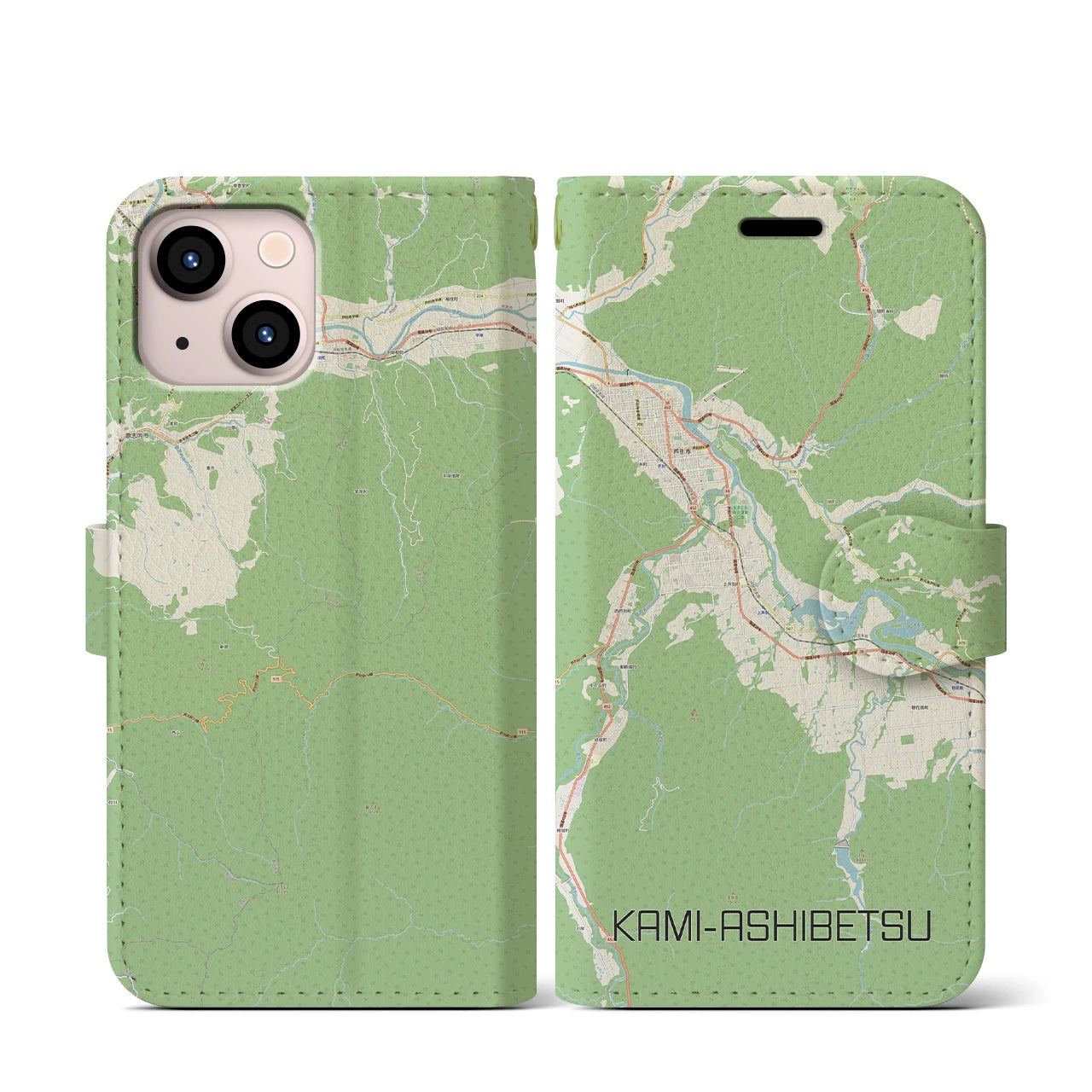 【上芦別(北海道)】地図柄iPhoneケース(手帳タイプ)ナチュラル・iPhone 13 mini 用