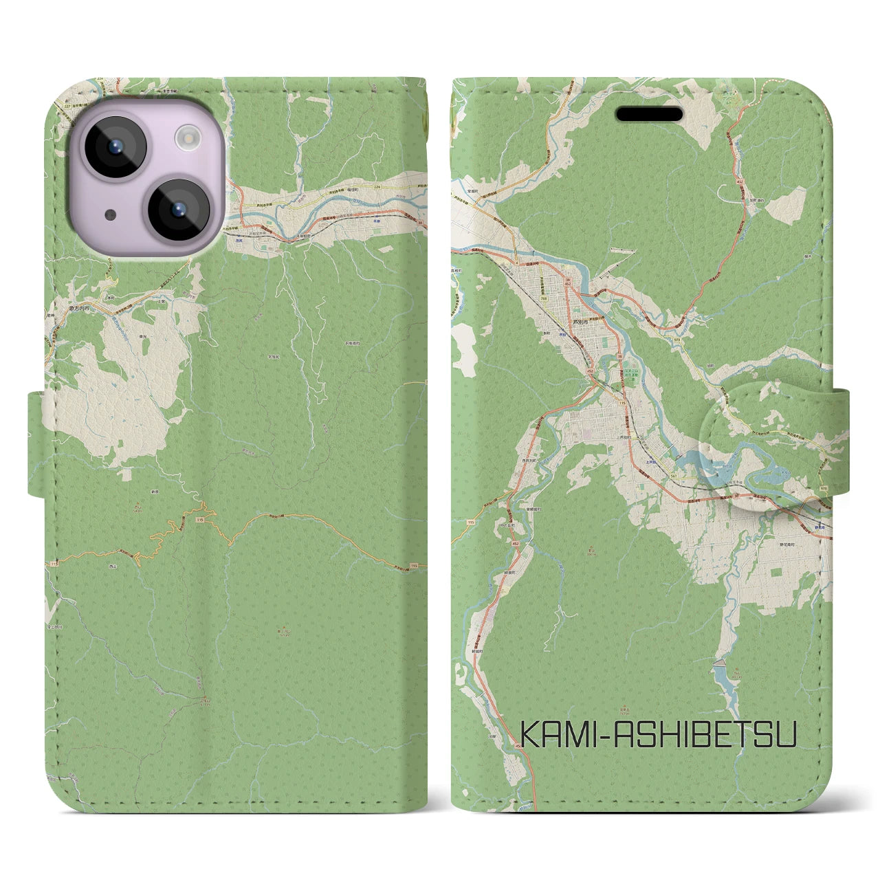 【上芦別(北海道)】地図柄iPhoneケース(手帳タイプ)ナチュラル・iPhone 14 用