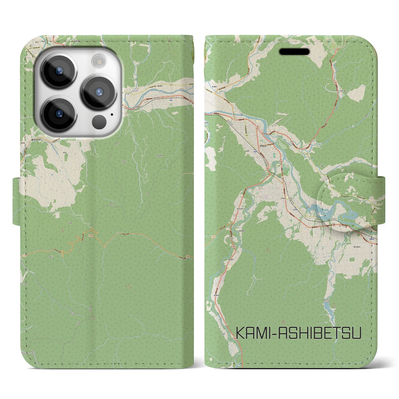 【上芦別(北海道)】地図柄iPhoneケース(手帳タイプ)ナチュラル・iPhone 14 Pro 用