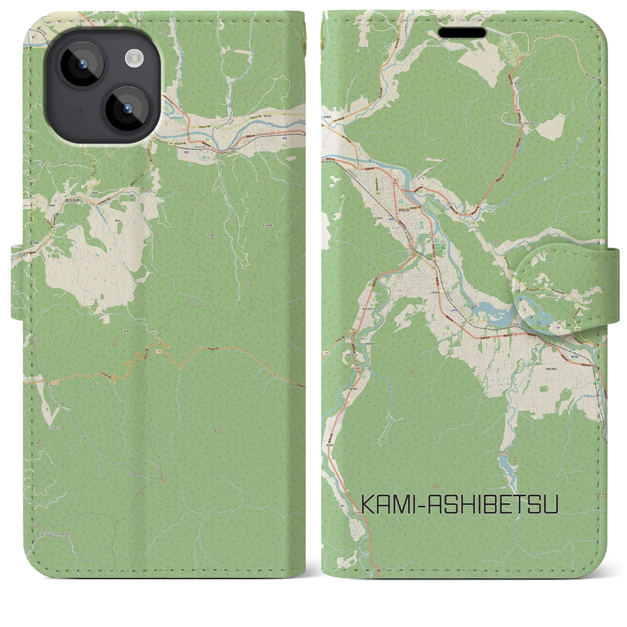 【上芦別(北海道)】地図柄iPhoneケース(手帳タイプ)ナチュラル・iPhone 14 Plus 用
